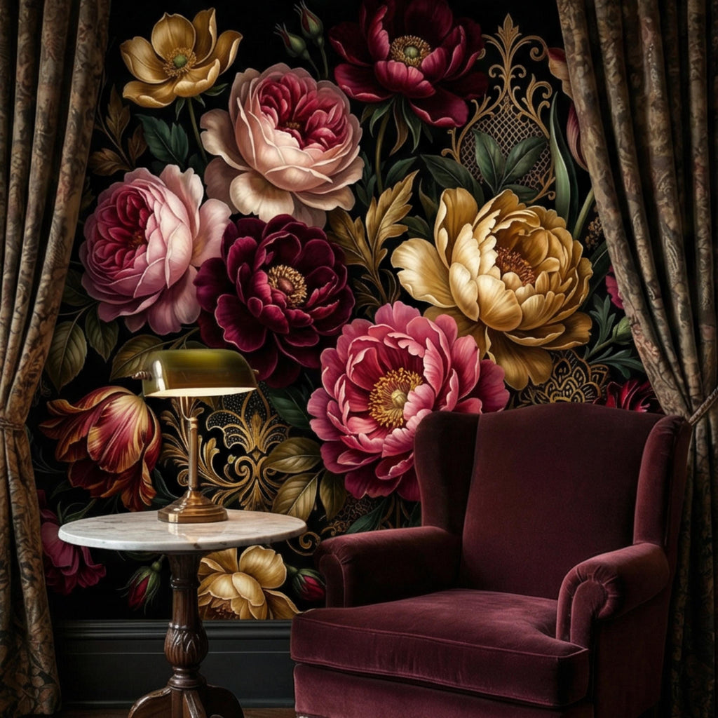 Dark Floral Peel and Stick Wall Mural, Moody Victorian Peony Tulip Maximalist Botanical Wallpaper