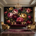 Dark Floral Peel and Stick Wall Mural, Moody Victorian Peony Tulip Maximalist Botanical Wallpaper