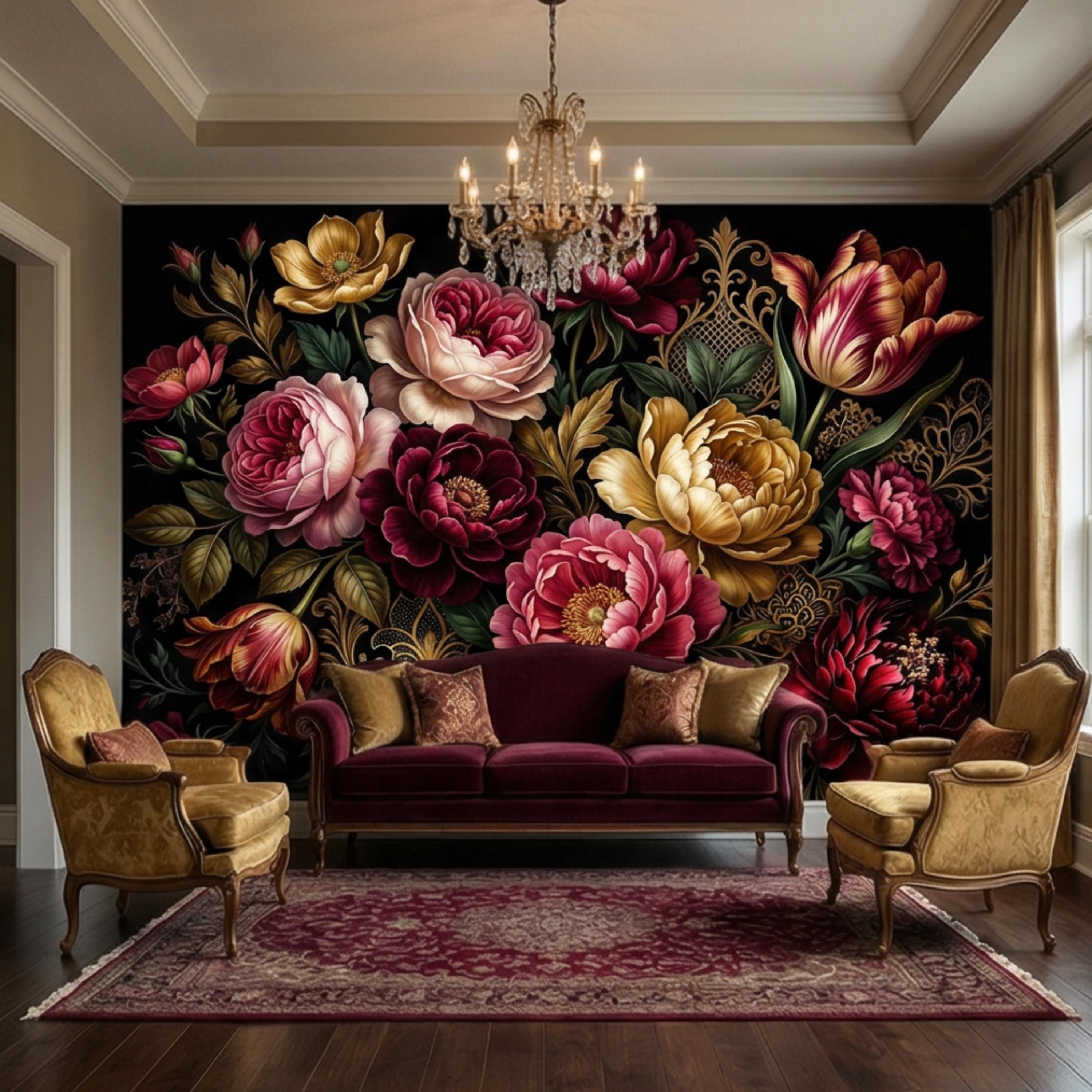 Dark Floral Peel and Stick Wall Mural, Moody Victorian Peony Tulip Maximalist Botanical Wallpaper