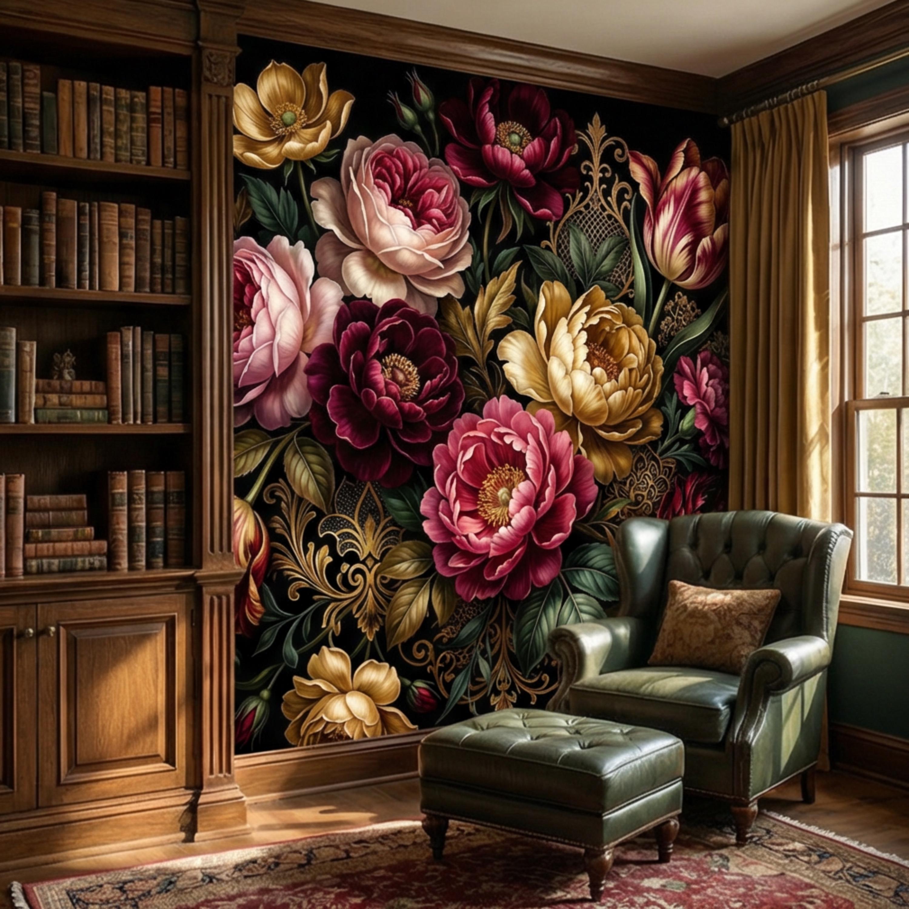 Dark Floral Peel and Stick Wall Mural, Moody Victorian Peony Tulip Maximalist Botanical Wallpaper