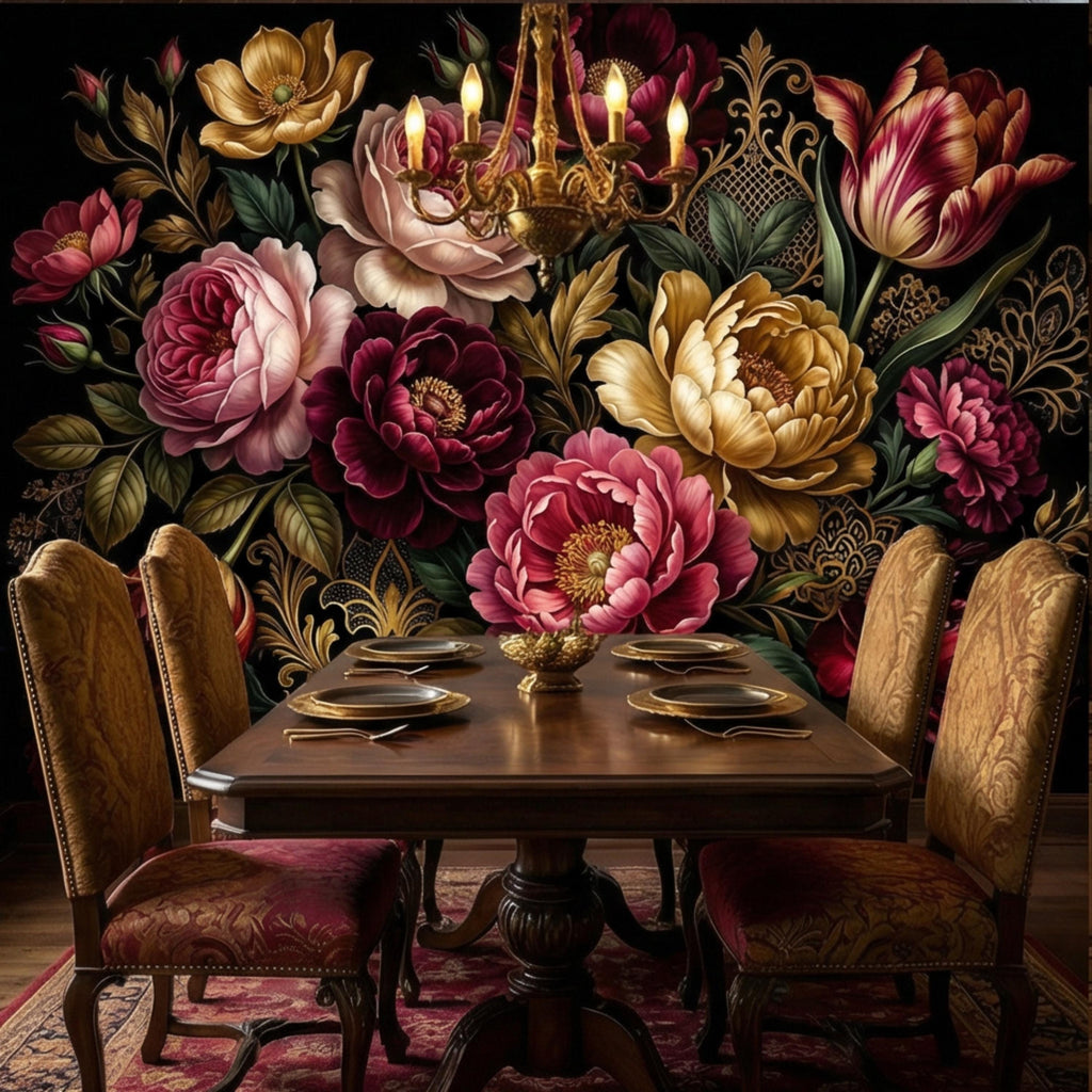 Dark Floral Peel and Stick Wall Mural, Moody Victorian Peony Tulip Maximalist Botanical Wallpaper