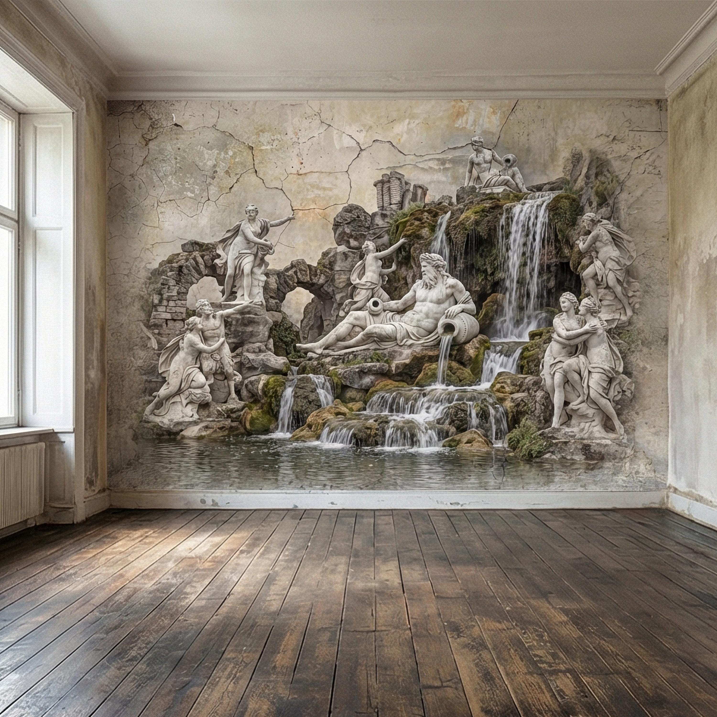 Classical Fountain Peel and Stick Wall Mural, Antique Roman Sculpture Landscape, Neutral Old World Architectural Wallpaper