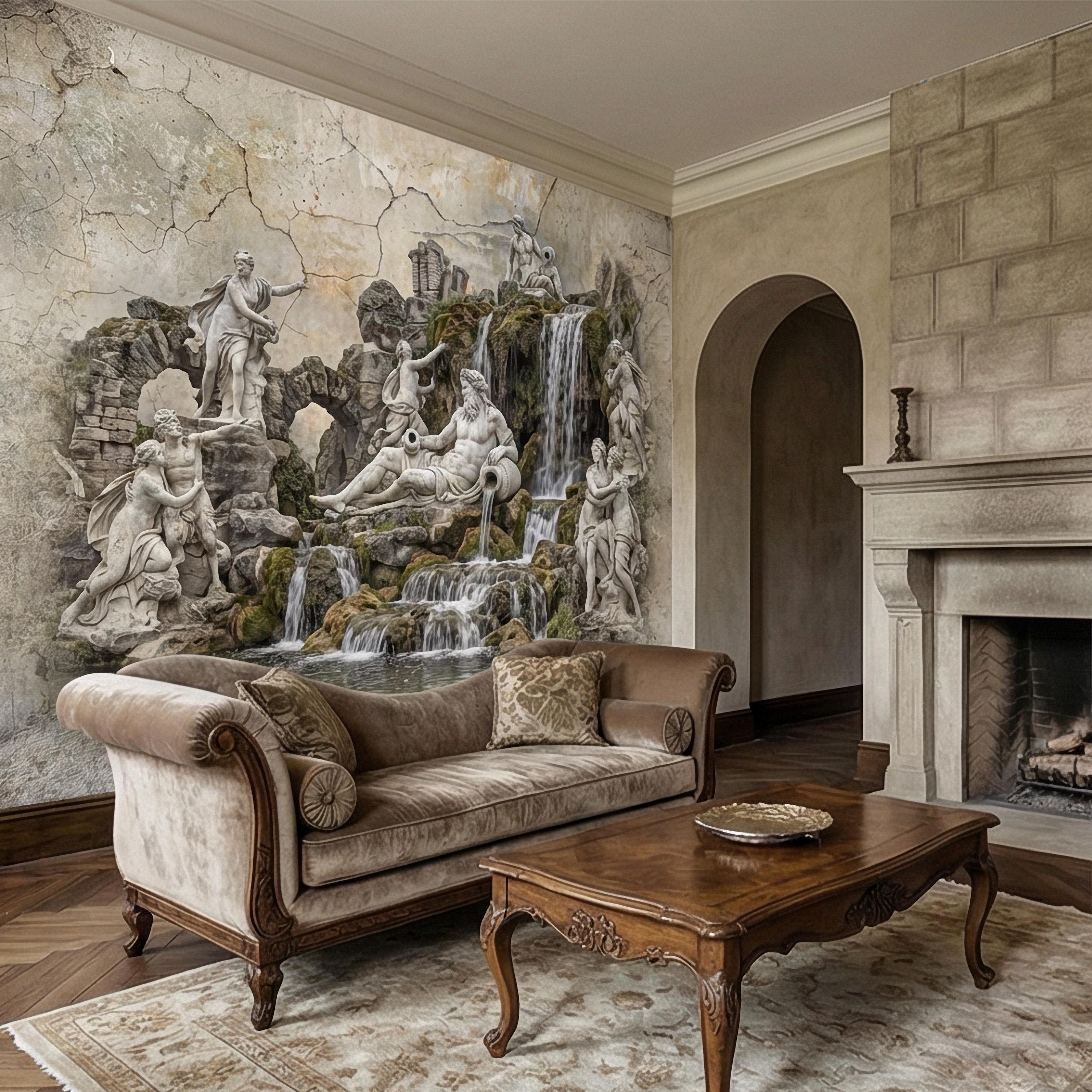 Classical Fountain Peel and Stick Wall Mural, Antique Roman Sculpture Landscape, Neutral Old World Architectural Wallpaper