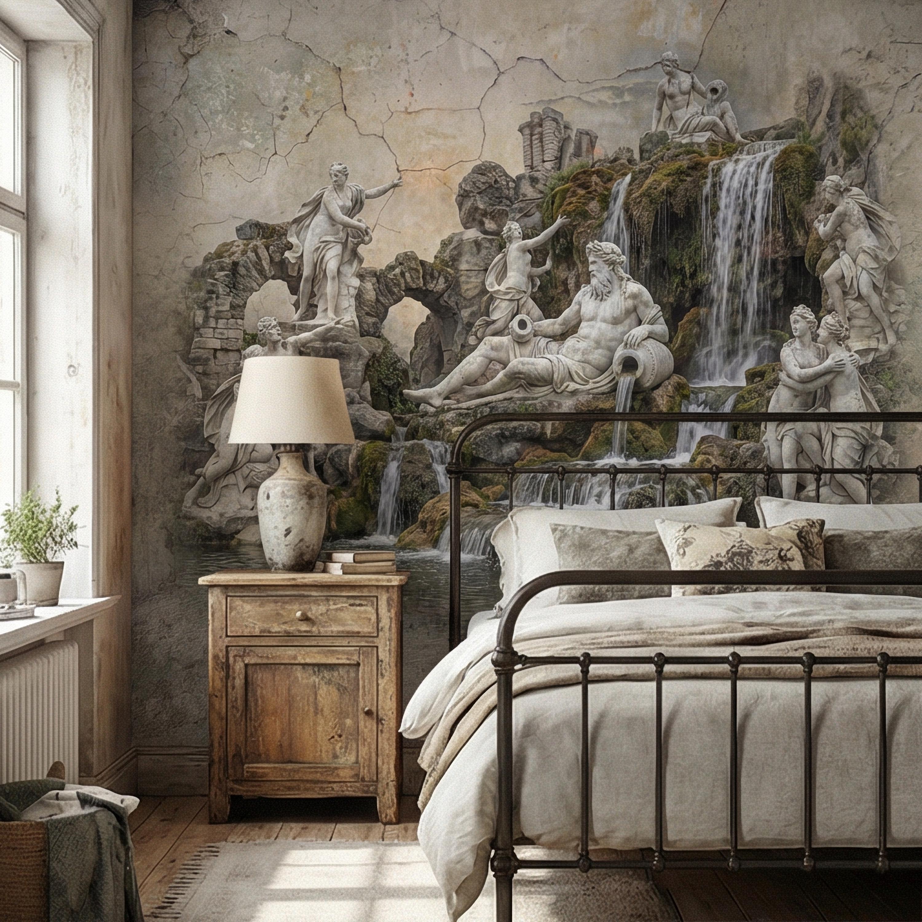 Classical Fountain Peel and Stick Wall Mural, Antique Roman Sculpture Landscape, Neutral Old World Architectural Wallpaper