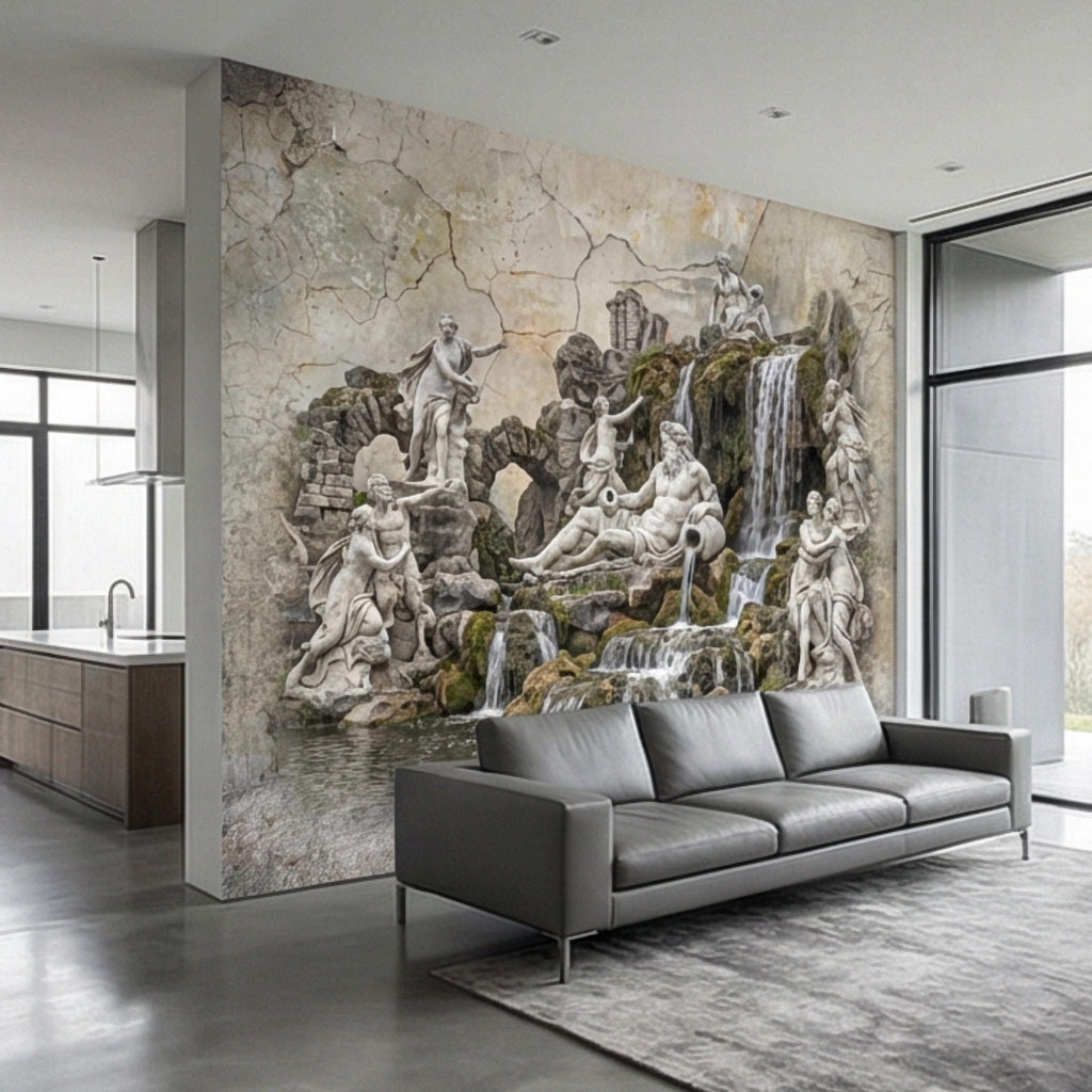 Classical Fountain Peel and Stick Wall Mural, Antique Roman Sculpture Landscape, Neutral Old World Architectural Wallpaper