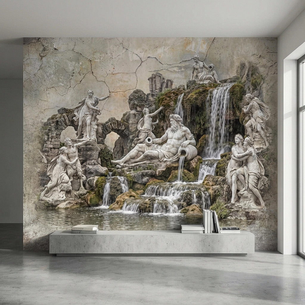 Classical Fountain Peel and Stick Wall Mural, Antique Roman Sculpture Landscape, Neutral Old World Architectural Wallpaper