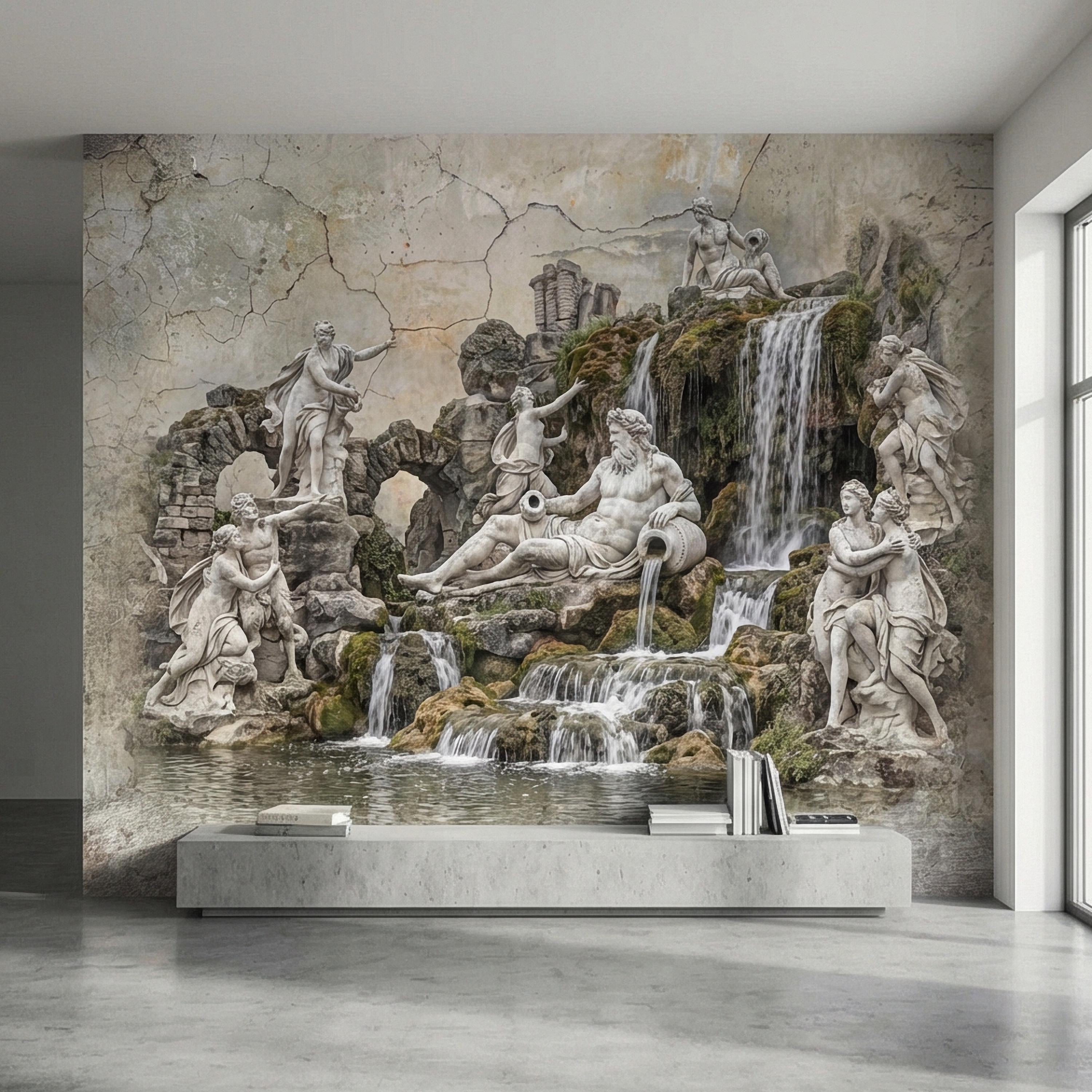 Classical Fountain Peel and Stick Wall Mural, Antique Roman Sculpture Landscape, Neutral Old World Architectural Wallpaper