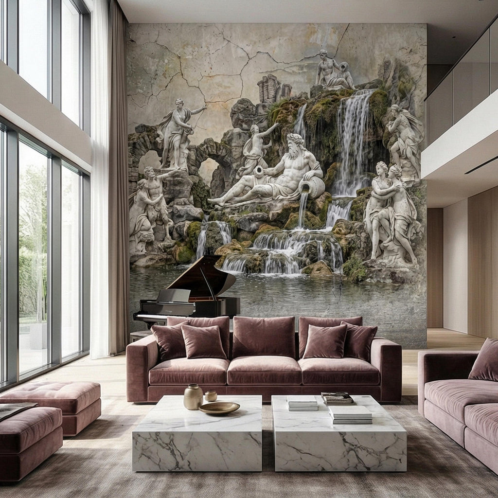 Classical Fountain Peel and Stick Wall Mural, Antique Roman Sculpture Landscape, Neutral Old World Architectural Wallpaper