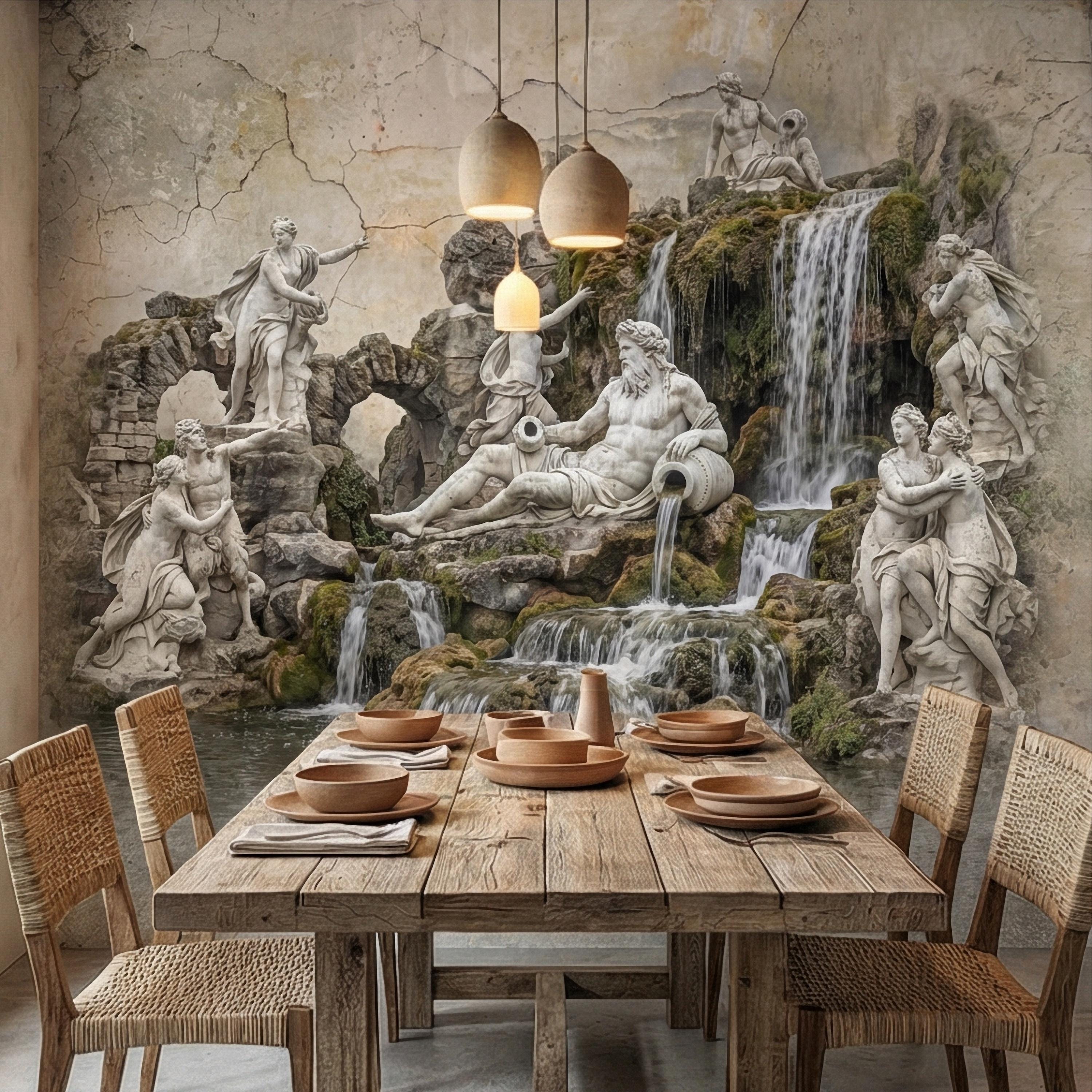 Classical Fountain Peel and Stick Wall Mural, Antique Roman Sculpture Landscape, Neutral Old World Architectural Wallpaper