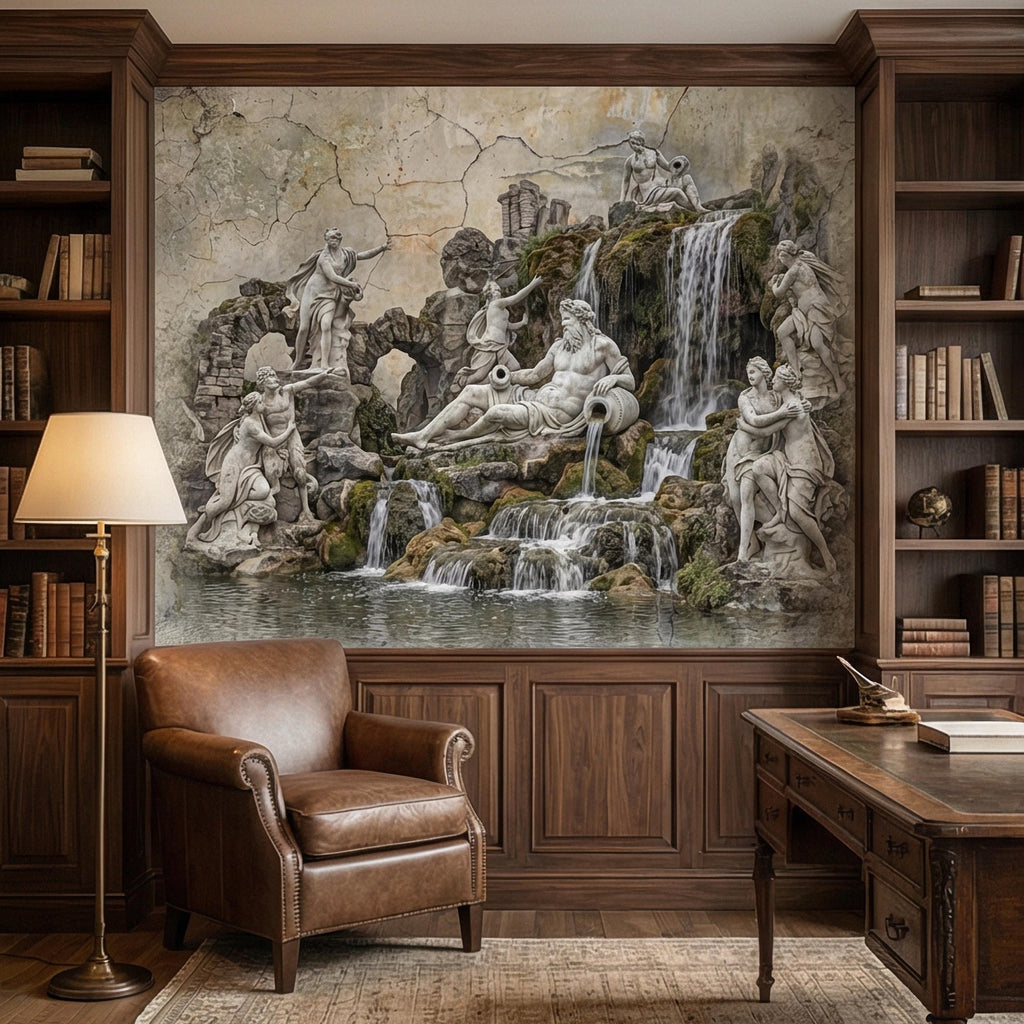 Classical Fountain Peel and Stick Wall Mural, Antique Roman Sculpture Landscape, Neutral Old World Architectural Wallpaper