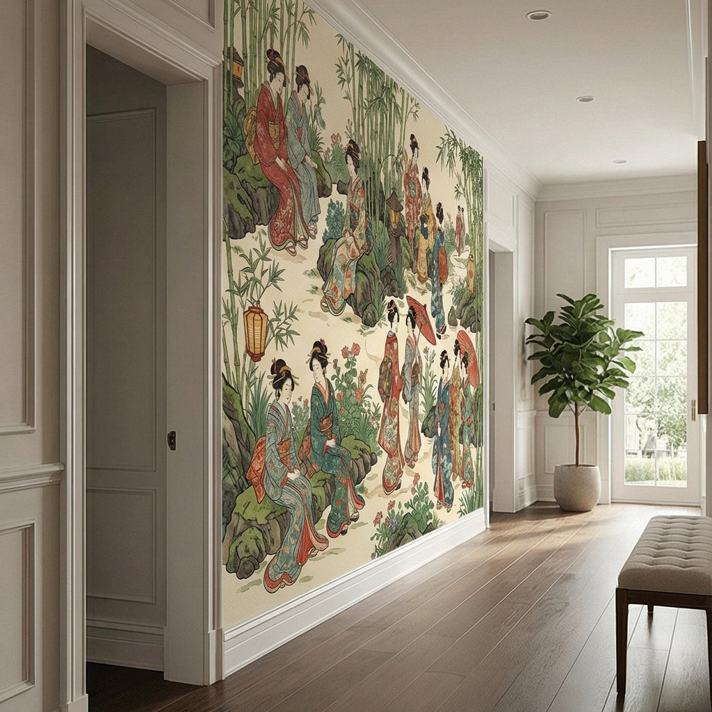 Vintage Japanese Peel and Stick Wall Mural, Geisha Garden Scene, Bamboo Chinoiserie Style, Antique Oriental Wallpaper