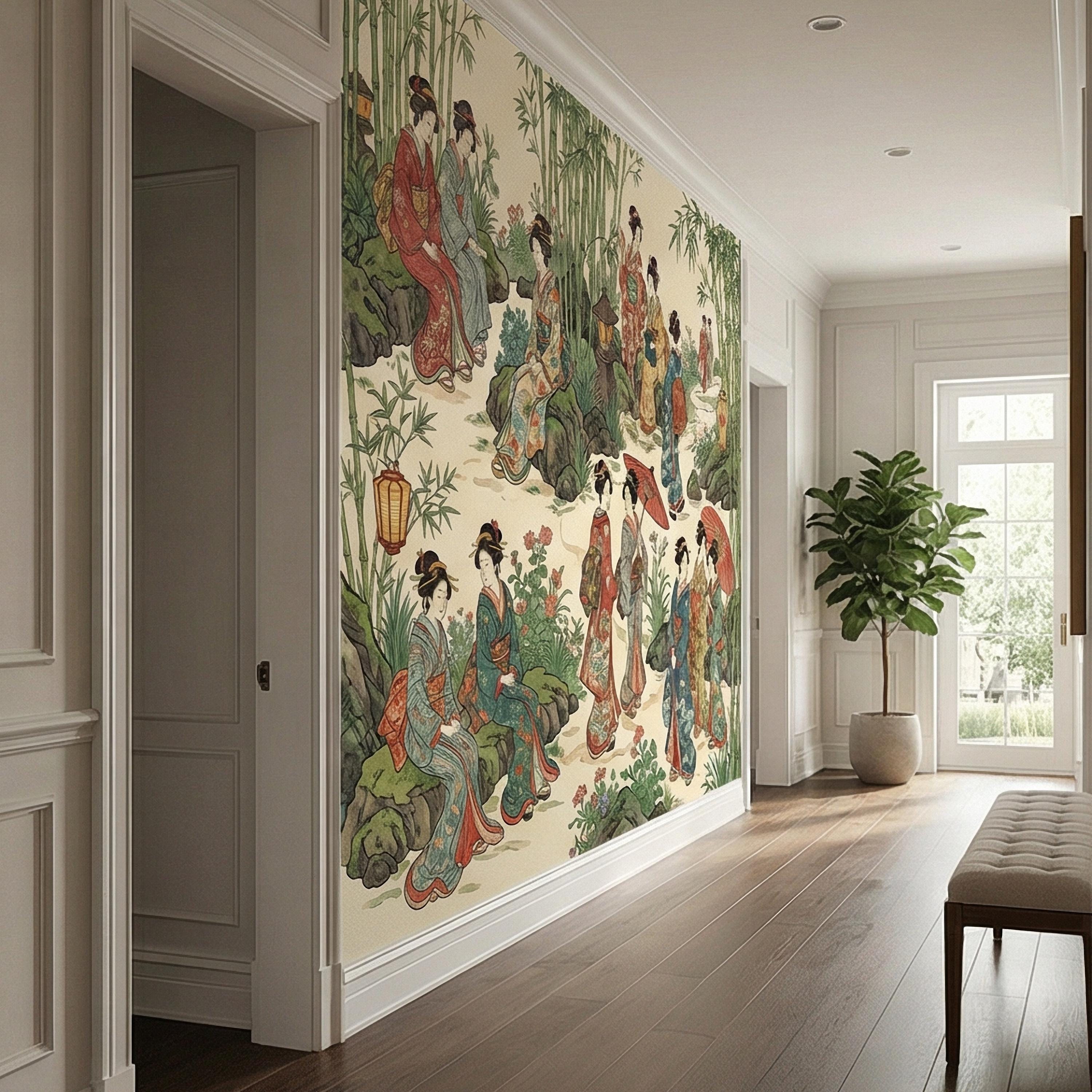 Vintage Japanese Peel and Stick Wall Mural, Geisha Garden Scene, Bamboo Chinoiserie Style, Antique Oriental Wallpaper