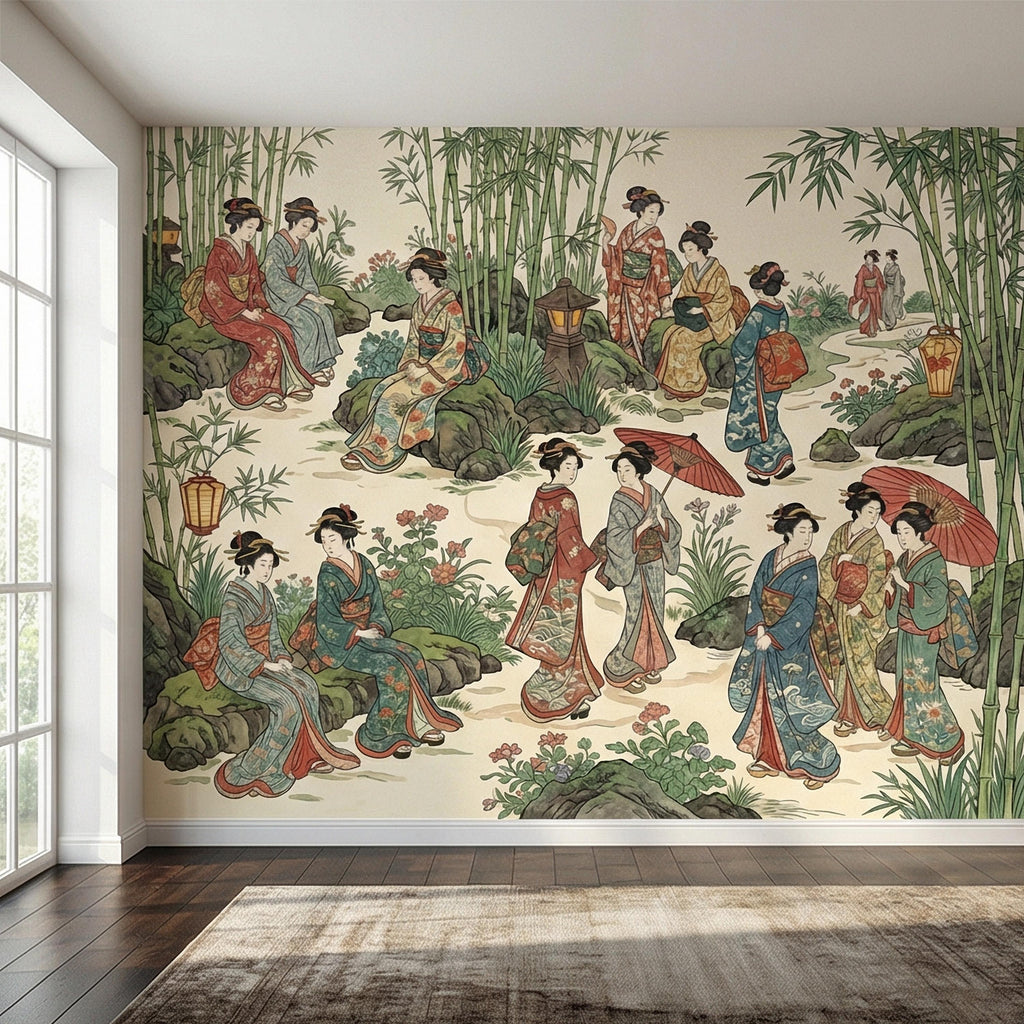 Vintage Japanese Peel and Stick Wall Mural, Geisha Garden Scene, Bamboo Chinoiserie Style, Antique Oriental Wallpaper