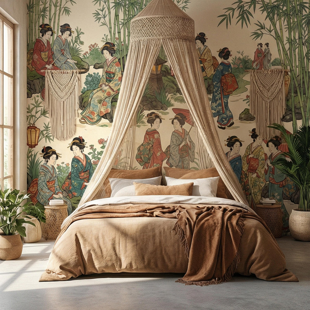 Vintage Japanese Peel and Stick Wall Mural, Geisha Garden Scene, Bamboo Chinoiserie Style, Antique Oriental Wallpaper