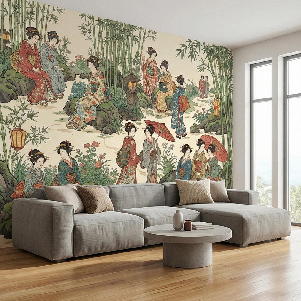 Vintage Japanese Peel and Stick Wall Mural, Geisha Garden Scene, Bamboo Chinoiserie Style, Antique Oriental Wallpaper
