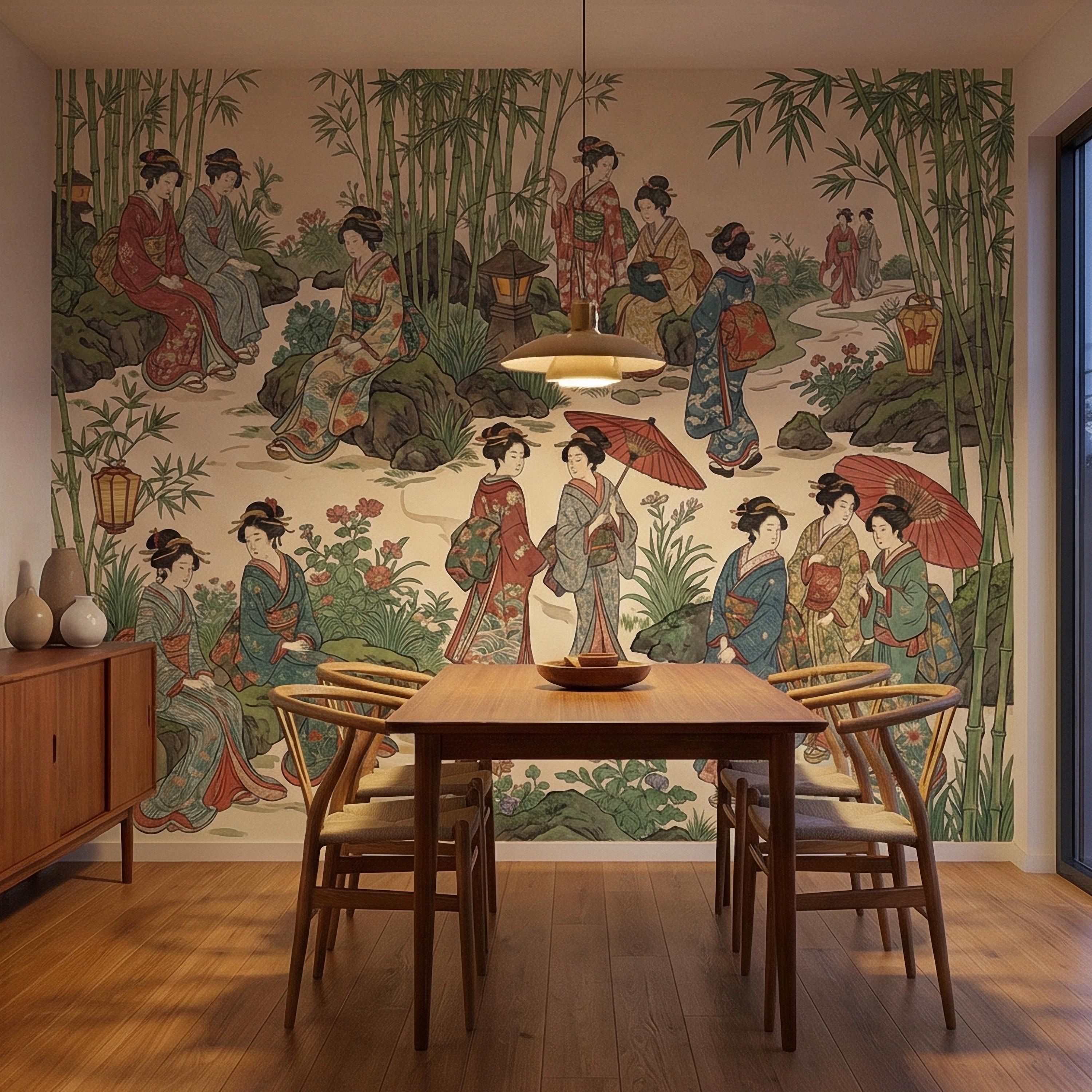 Vintage Japanese Peel and Stick Wall Mural, Geisha Garden Scene, Bamboo Chinoiserie Style, Antique Oriental Wallpaper