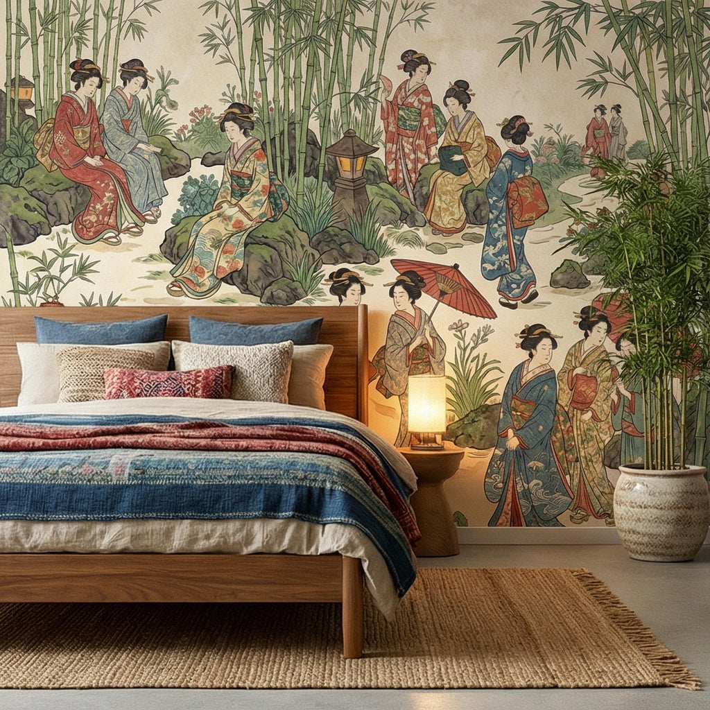 Vintage Japanese Peel and Stick Wall Mural, Geisha Garden Scene, Bamboo Chinoiserie Style, Antique Oriental Wallpaper