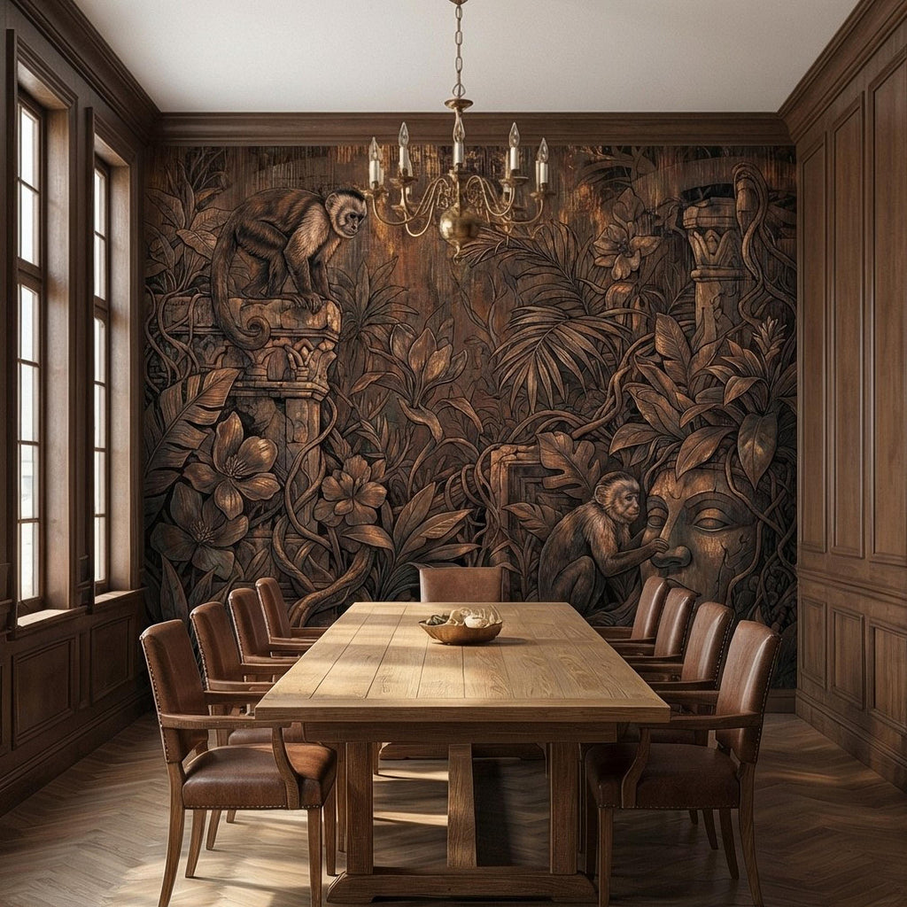 Monkey Jungle Peel and Stick Wall Mural, Dark Tropical Ruins, Primitive Mask Botanical, Moody Exotic Wallpaper