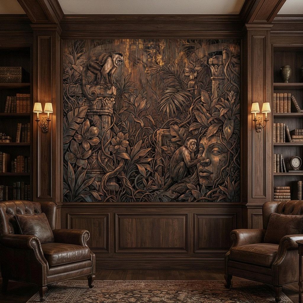 Monkey Jungle Peel and Stick Wall Mural, Dark Tropical Ruins, Primitive Mask Botanical, Moody Exotic Wallpaper