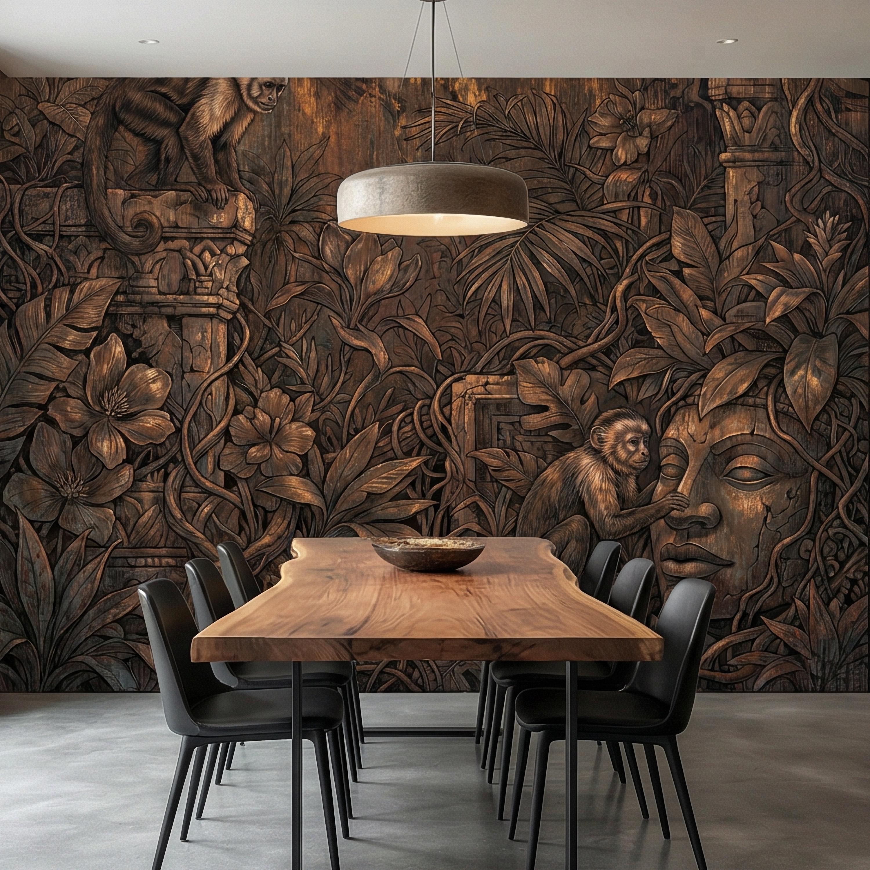 Monkey Jungle Peel and Stick Wall Mural, Dark Tropical Ruins, Primitive Mask Botanical, Moody Exotic Wallpaper