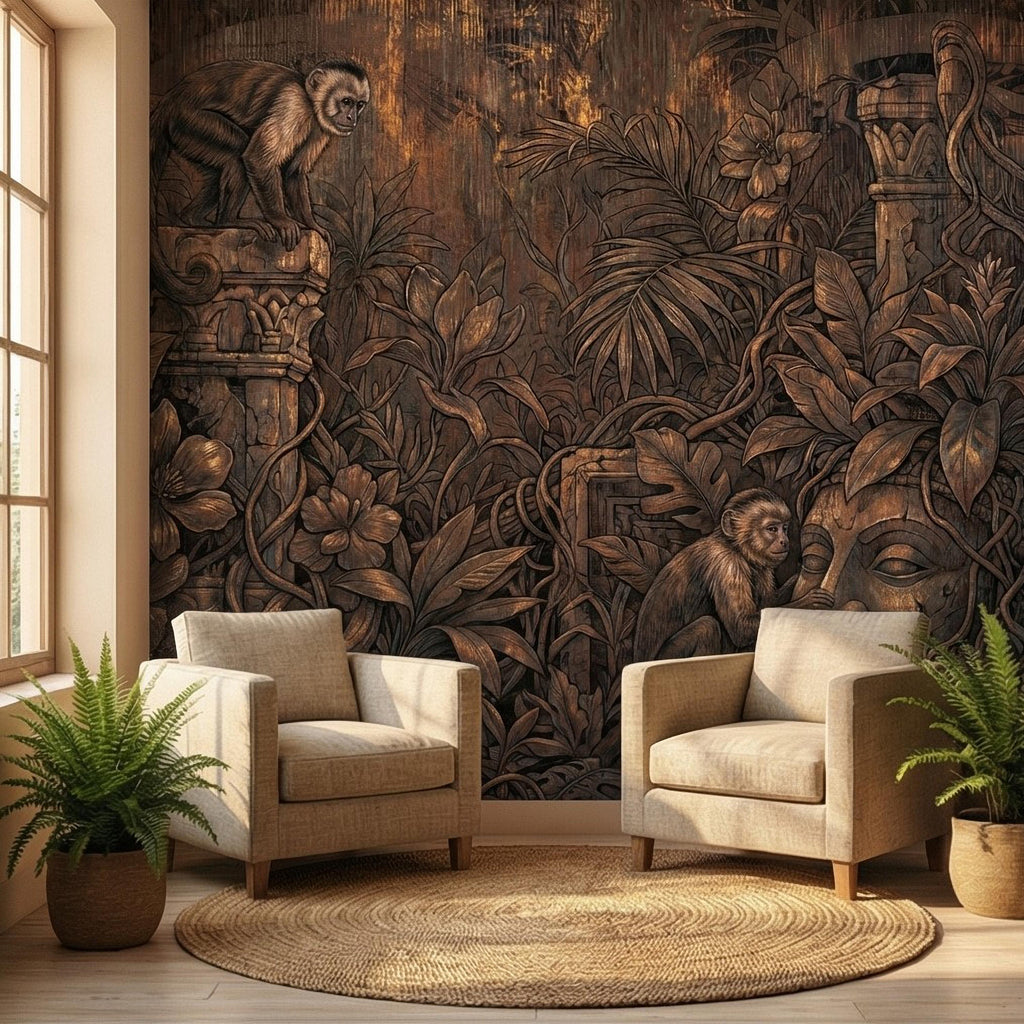 Monkey Jungle Peel and Stick Wall Mural, Dark Tropical Ruins, Primitive Mask Botanical, Moody Exotic Wallpaper