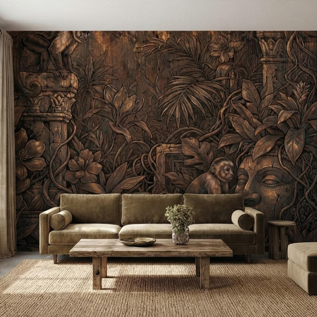 Monkey Jungle Peel and Stick Wall Mural, Dark Tropical Ruins, Primitive Mask Botanical, Moody Exotic Wallpaper