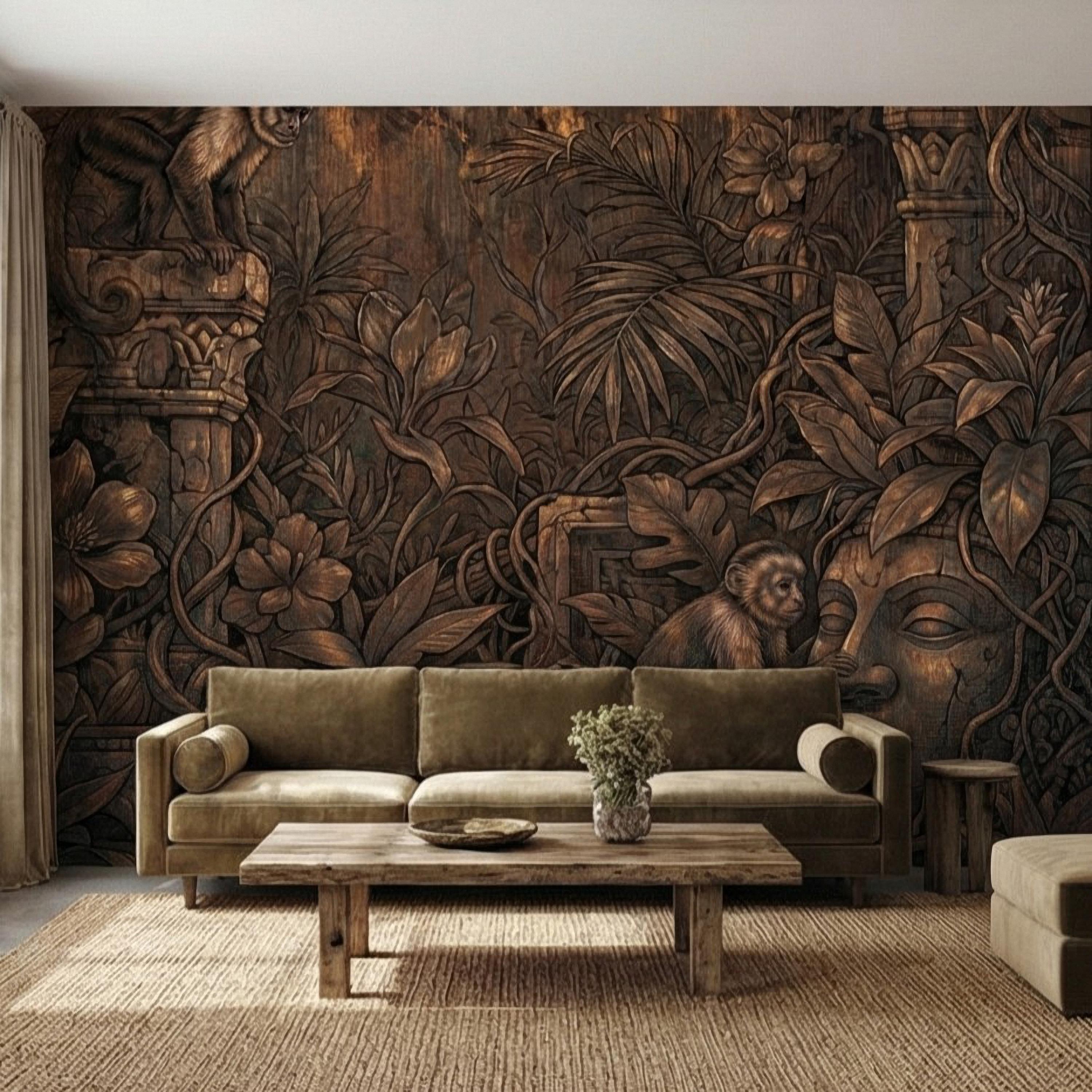 Monkey Jungle Peel and Stick Wall Mural, Dark Tropical Ruins, Primitive Mask Botanical, Moody Exotic Wallpaper