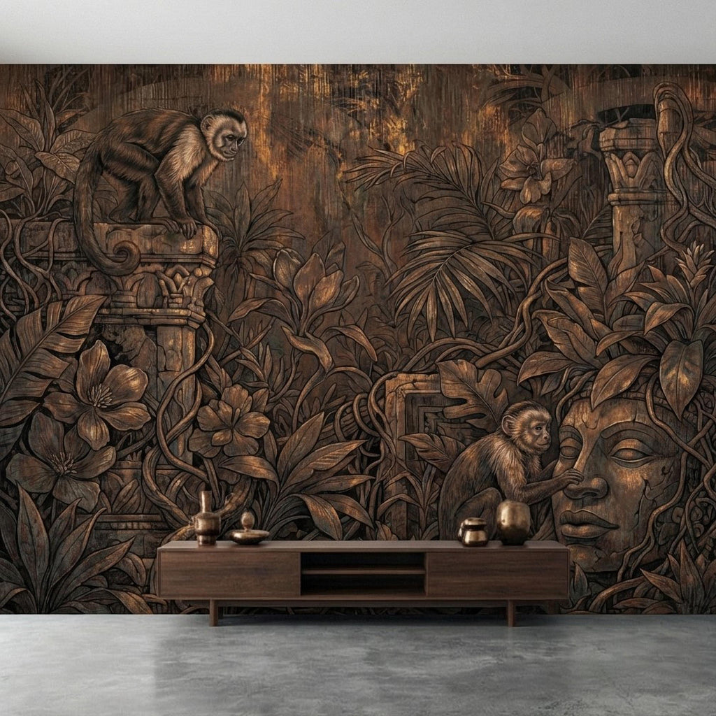 Monkey Jungle Peel and Stick Wall Mural, Dark Tropical Ruins, Primitive Mask Botanical, Moody Exotic Wallpaper