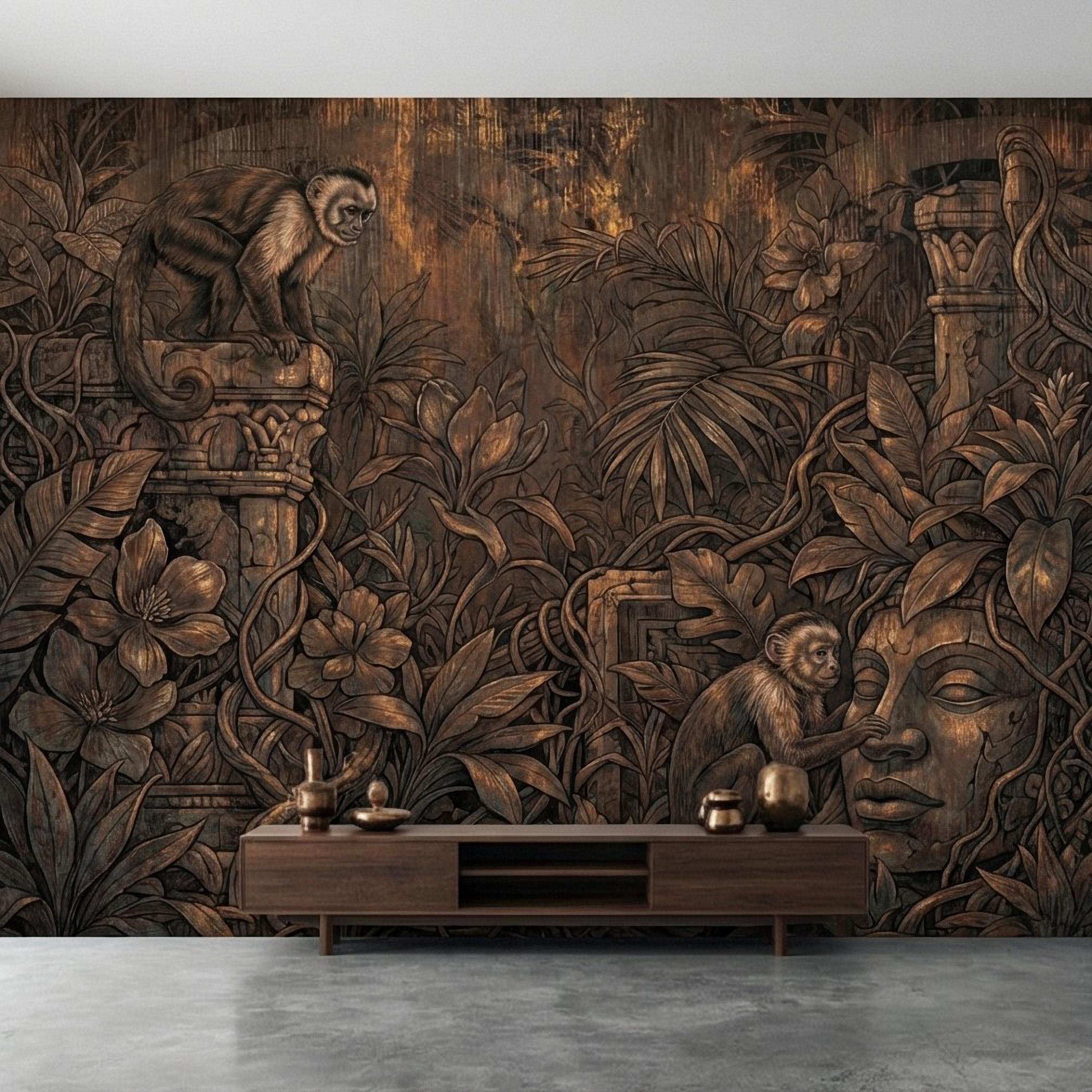 Monkey Jungle Peel and Stick Wall Mural, Dark Tropical Ruins, Primitive Mask Botanical, Moody Exotic Wallpaper