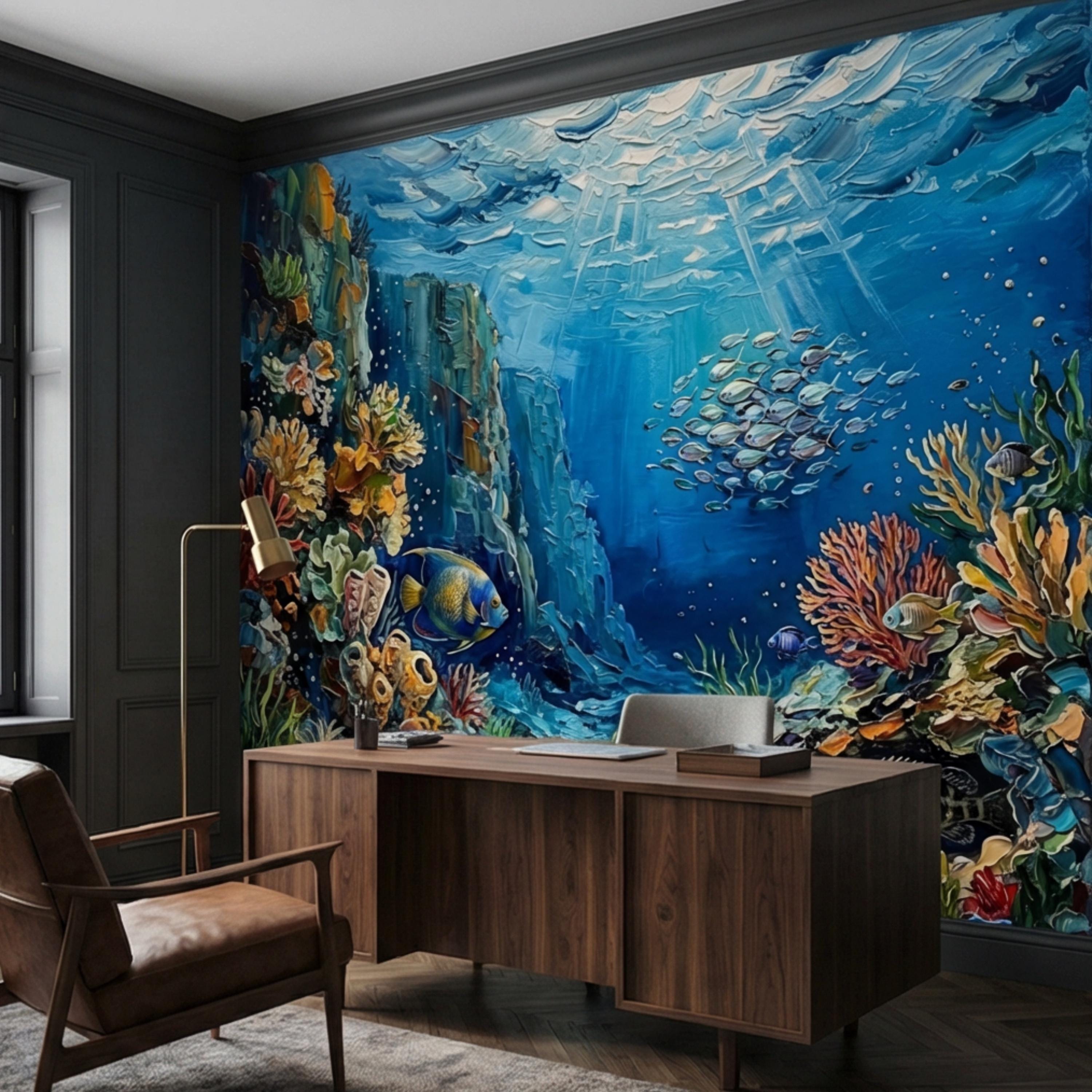 Vibrant Underwater Coral Reef Peel and Stick Wall Mural, Tropical Fish Ocean Scene Coastal Marine Life Wallpaper