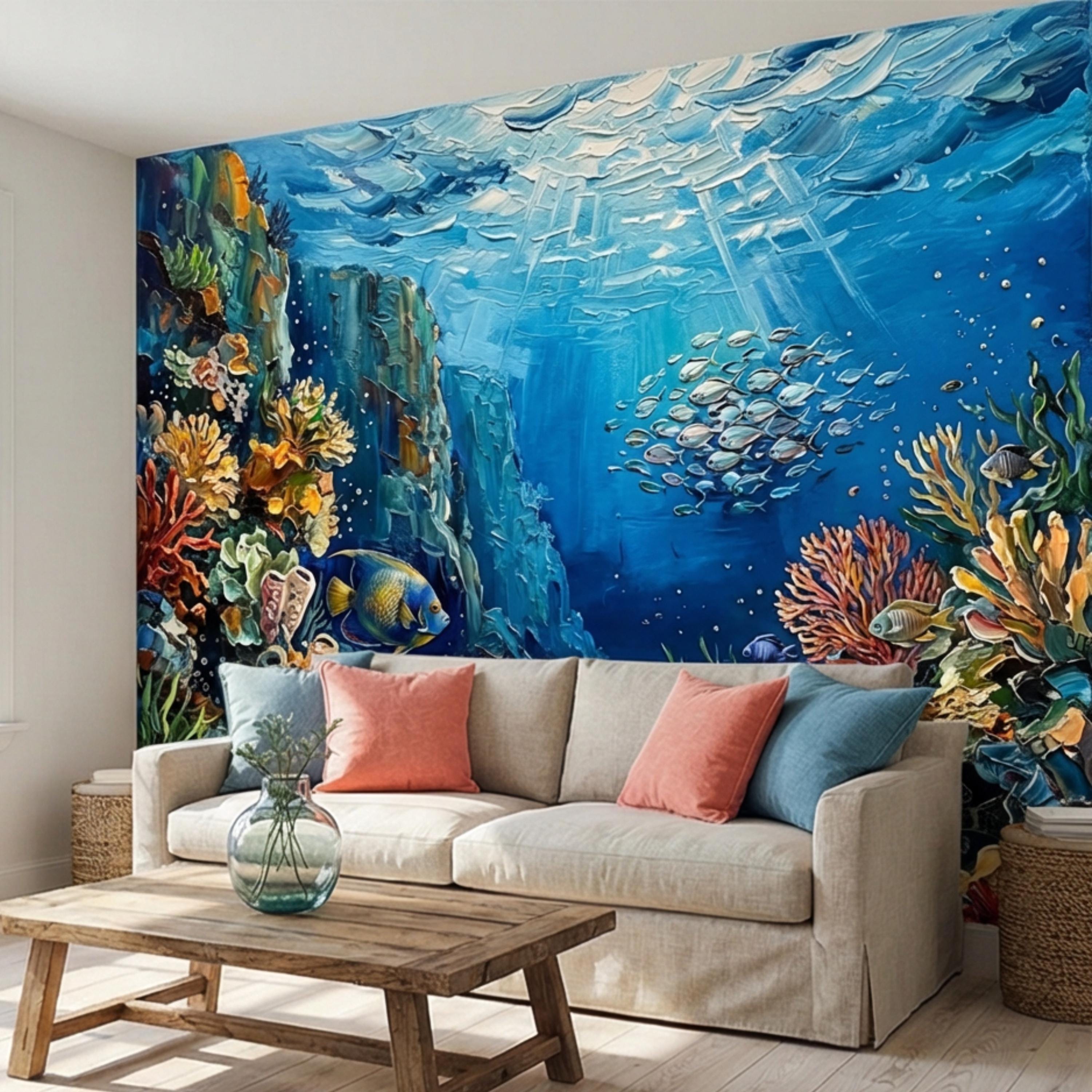 Vibrant Underwater Coral Reef Peel and Stick Wall Mural, Tropical Fish Ocean Scene Coastal Marine Life Wallpaper