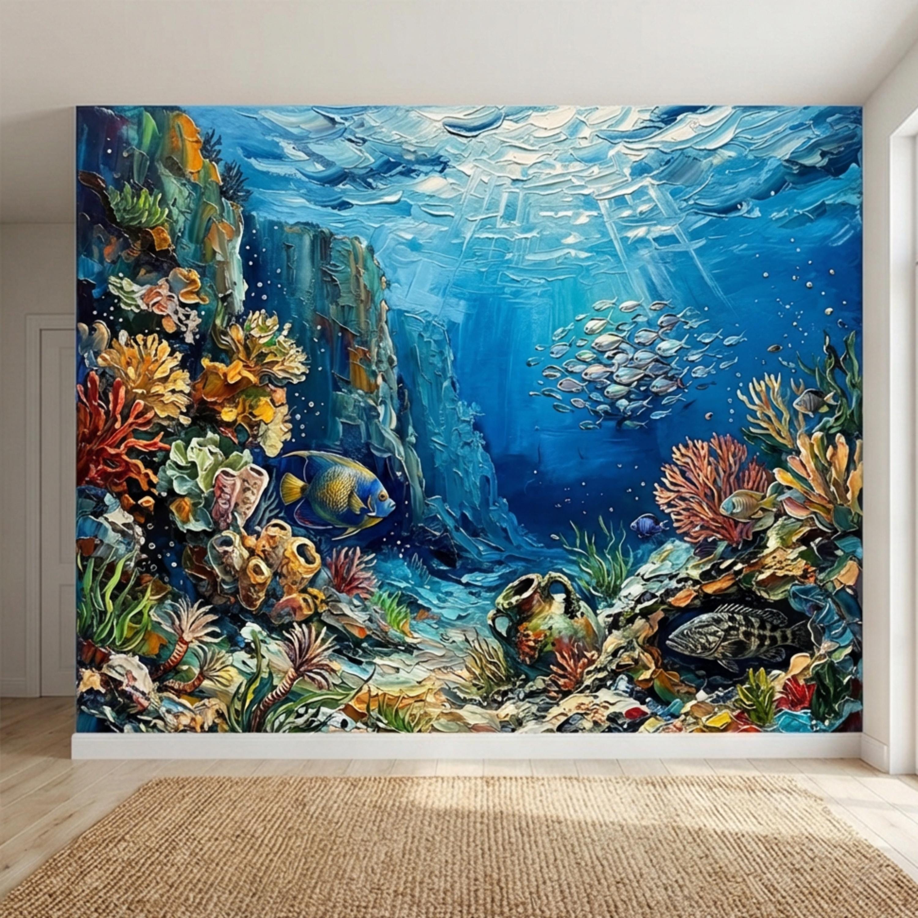 Vibrant Underwater Coral Reef Peel and Stick Wall Mural, Tropical Fish Ocean Scene Coastal Marine Life Wallpaper