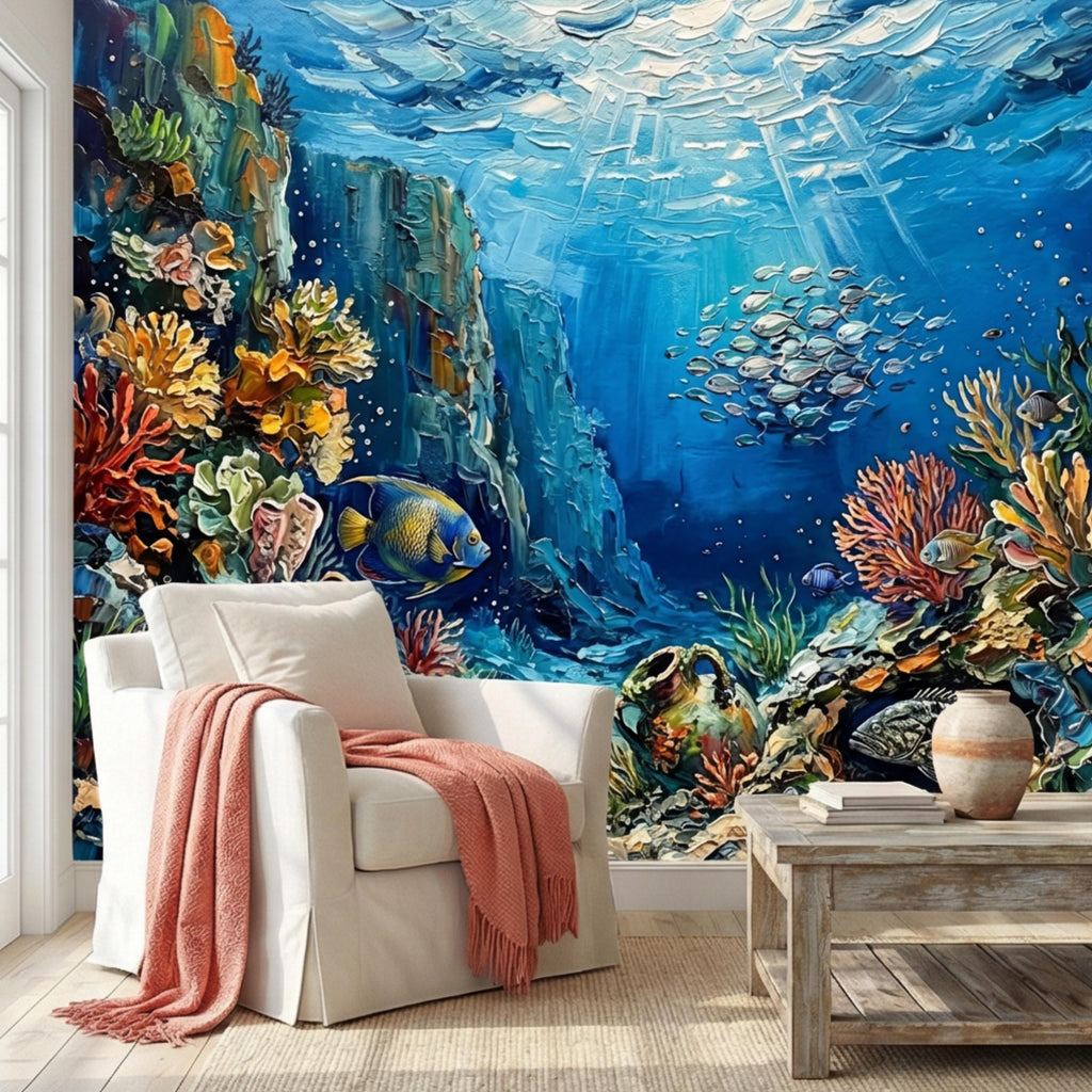 Vibrant Underwater Coral Reef Peel and Stick Wall Mural, Tropical Fish Ocean Scene Coastal Marine Life Wallpaper