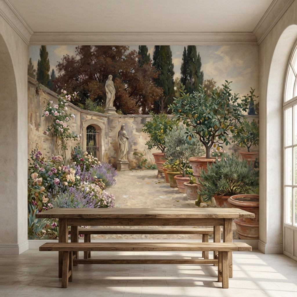 Vintage Italian Courtyard Garden Peel and Stick Wall Mural, Lemon Trees Classical Statues Mediterranean Villa Wallpaper