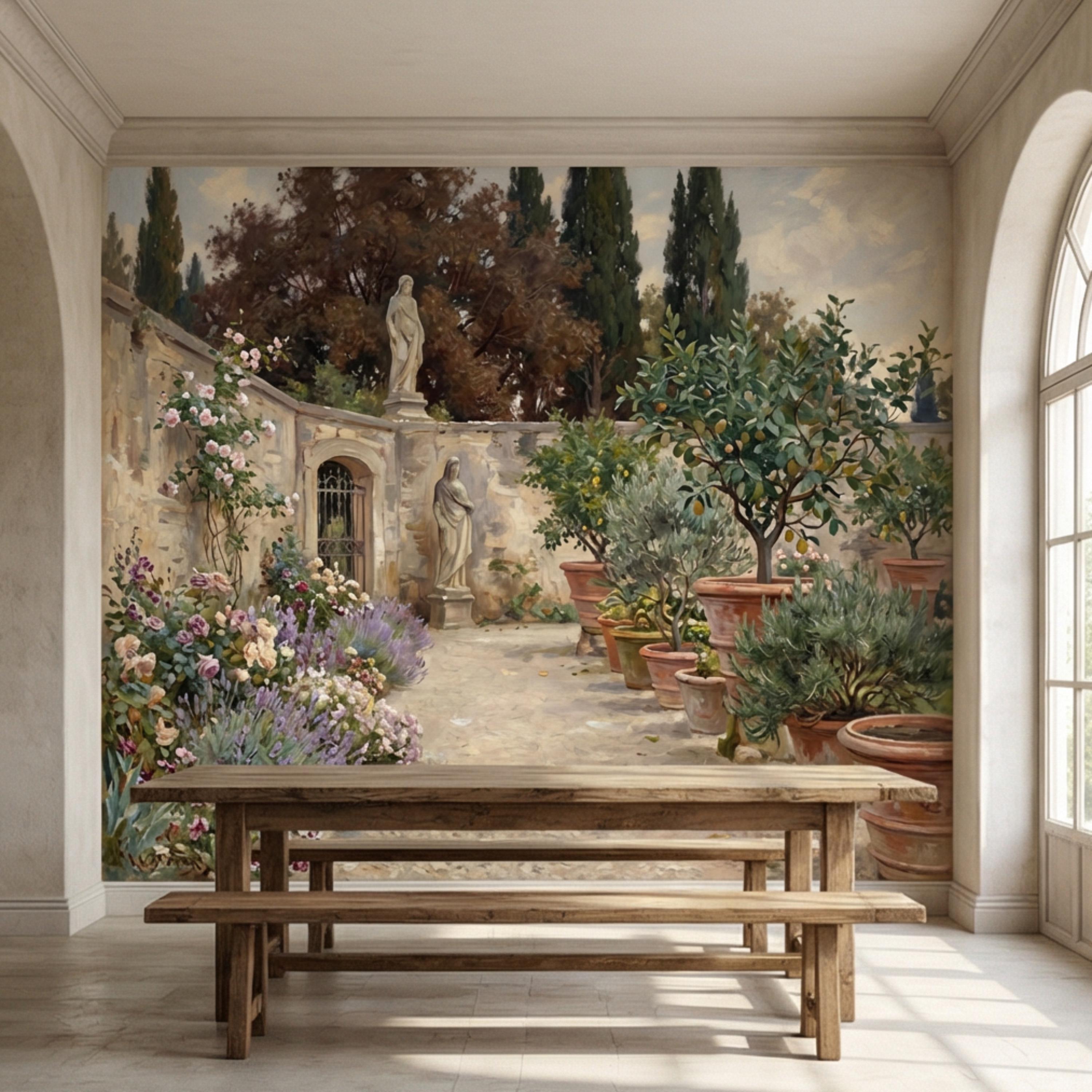 Vintage Italian Courtyard Garden Peel and Stick Wall Mural, Lemon Trees Classical Statues Mediterranean Villa Wallpaper