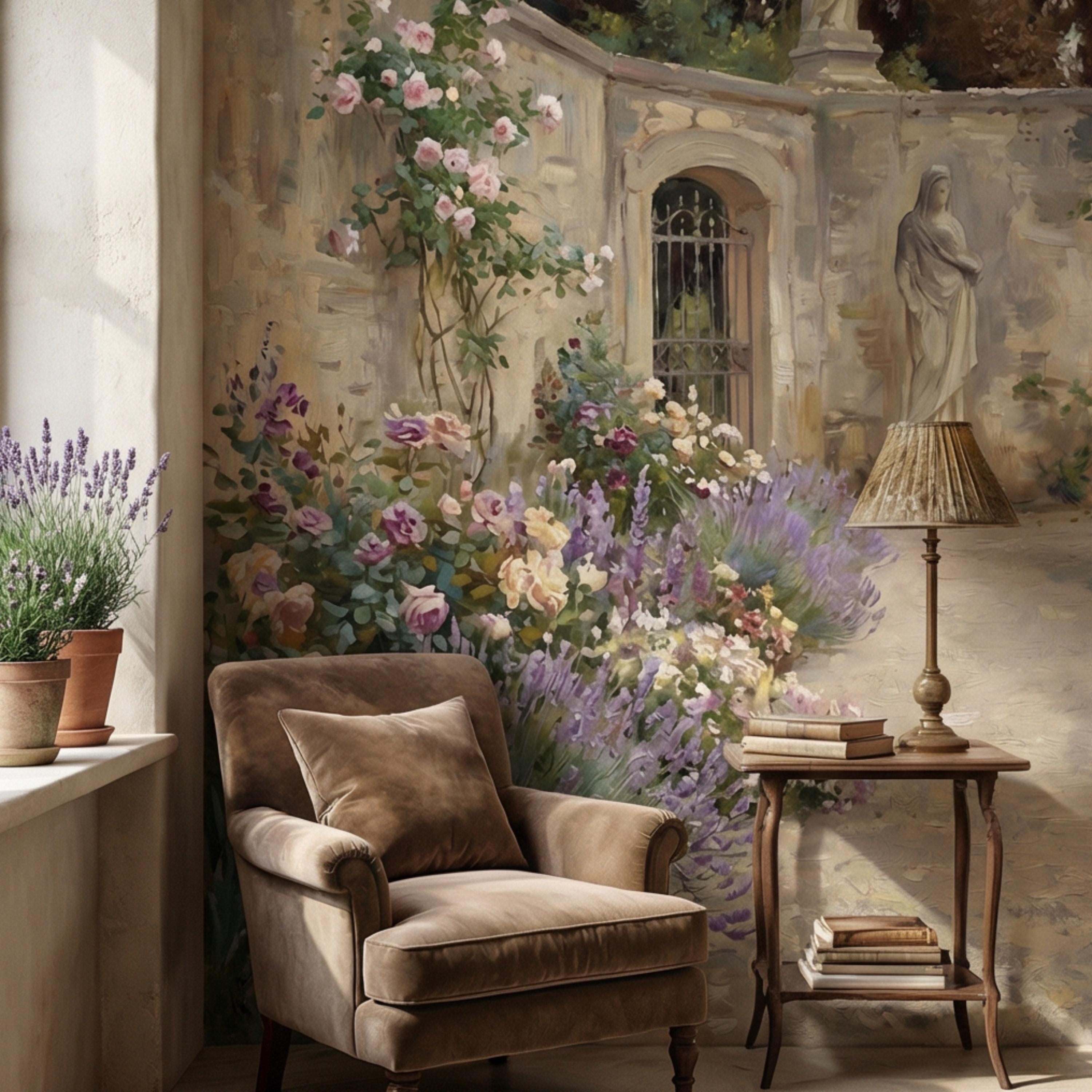 Vintage Italian Courtyard Garden Peel and Stick Wall Mural, Lemon Trees Classical Statues Mediterranean Villa Wallpaper