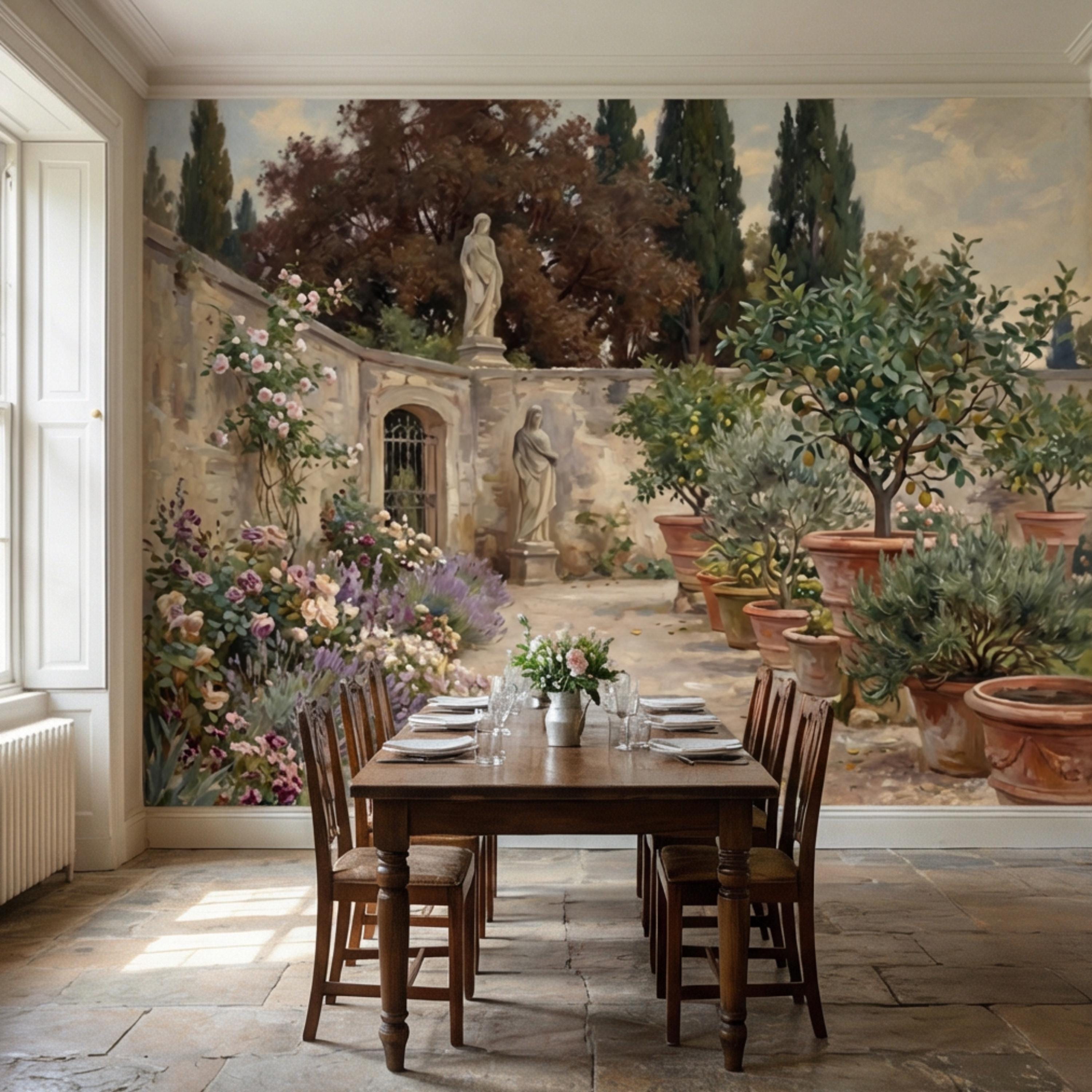 Vintage Italian Courtyard Garden Peel and Stick Wall Mural, Lemon Trees Classical Statues Mediterranean Villa Wallpaper