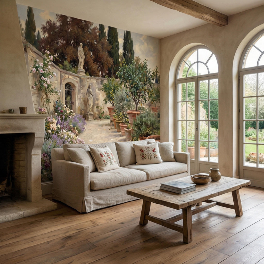 Vintage Italian Courtyard Garden Peel and Stick Wall Mural, Lemon Trees Classical Statues Mediterranean Villa Wallpaper