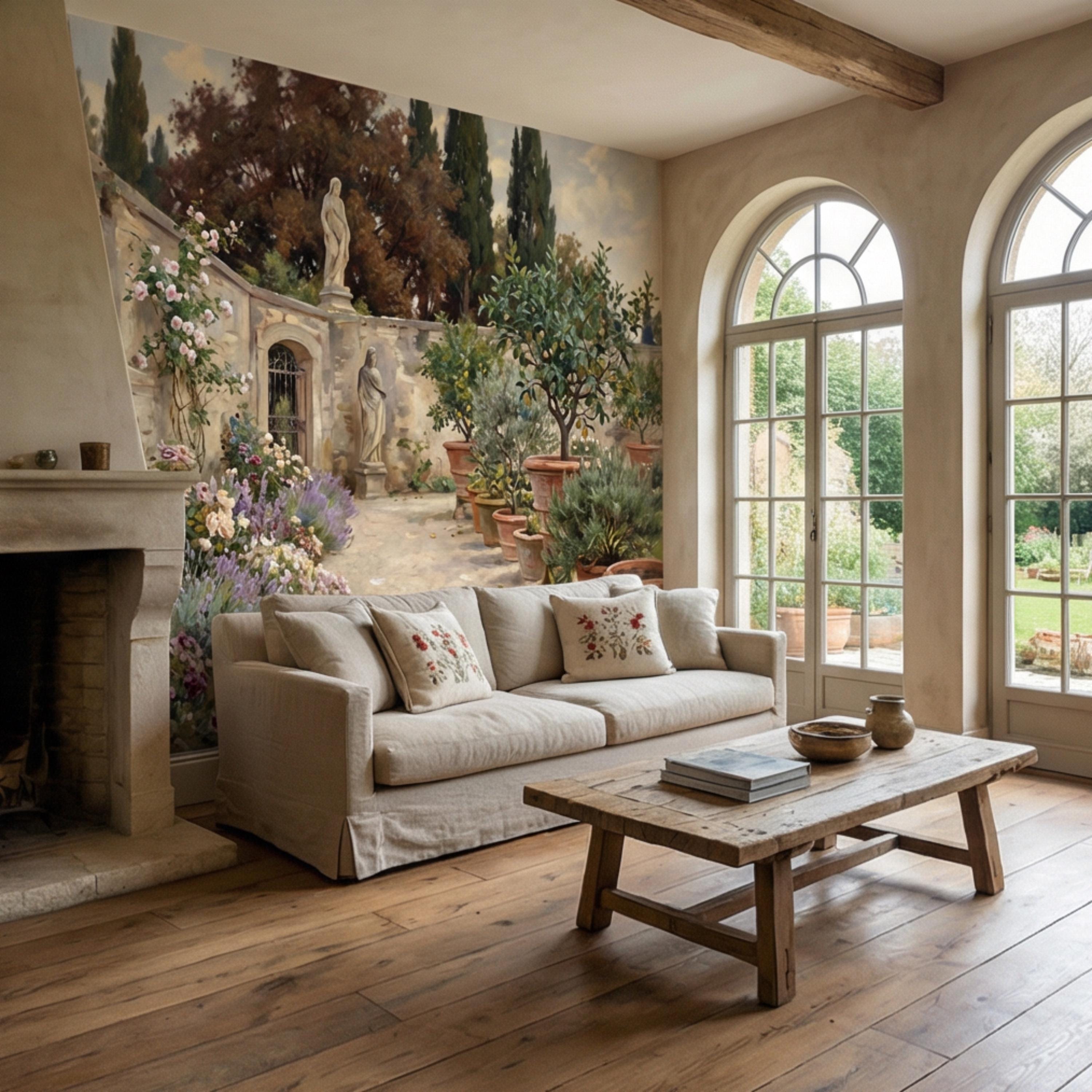 Vintage Italian Courtyard Garden Peel and Stick Wall Mural, Lemon Trees Classical Statues Mediterranean Villa Wallpaper