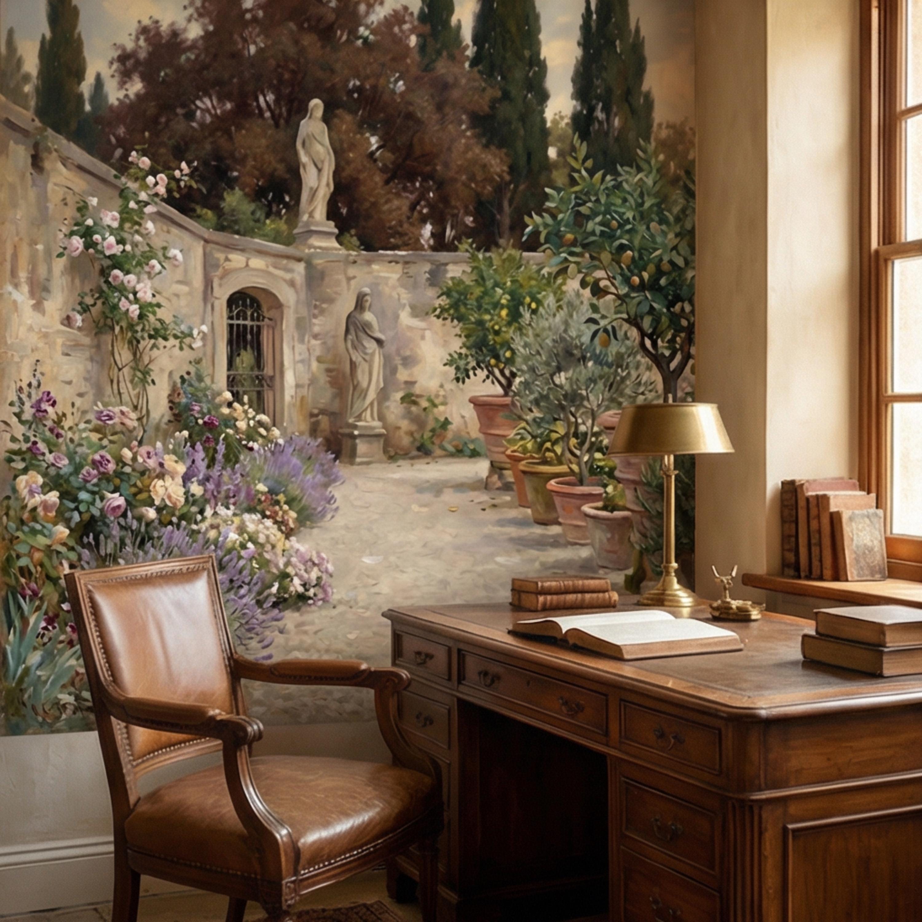 Vintage Italian Courtyard Garden Peel and Stick Wall Mural, Lemon Trees Classical Statues Mediterranean Villa Wallpaper