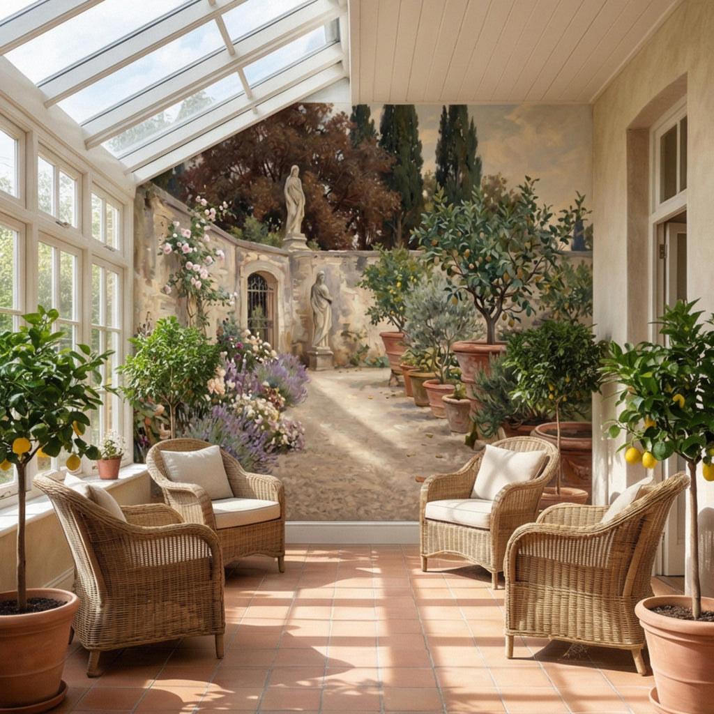 Vintage Italian Courtyard Garden Peel and Stick Wall Mural, Lemon Trees Classical Statues Mediterranean Villa Wallpaper