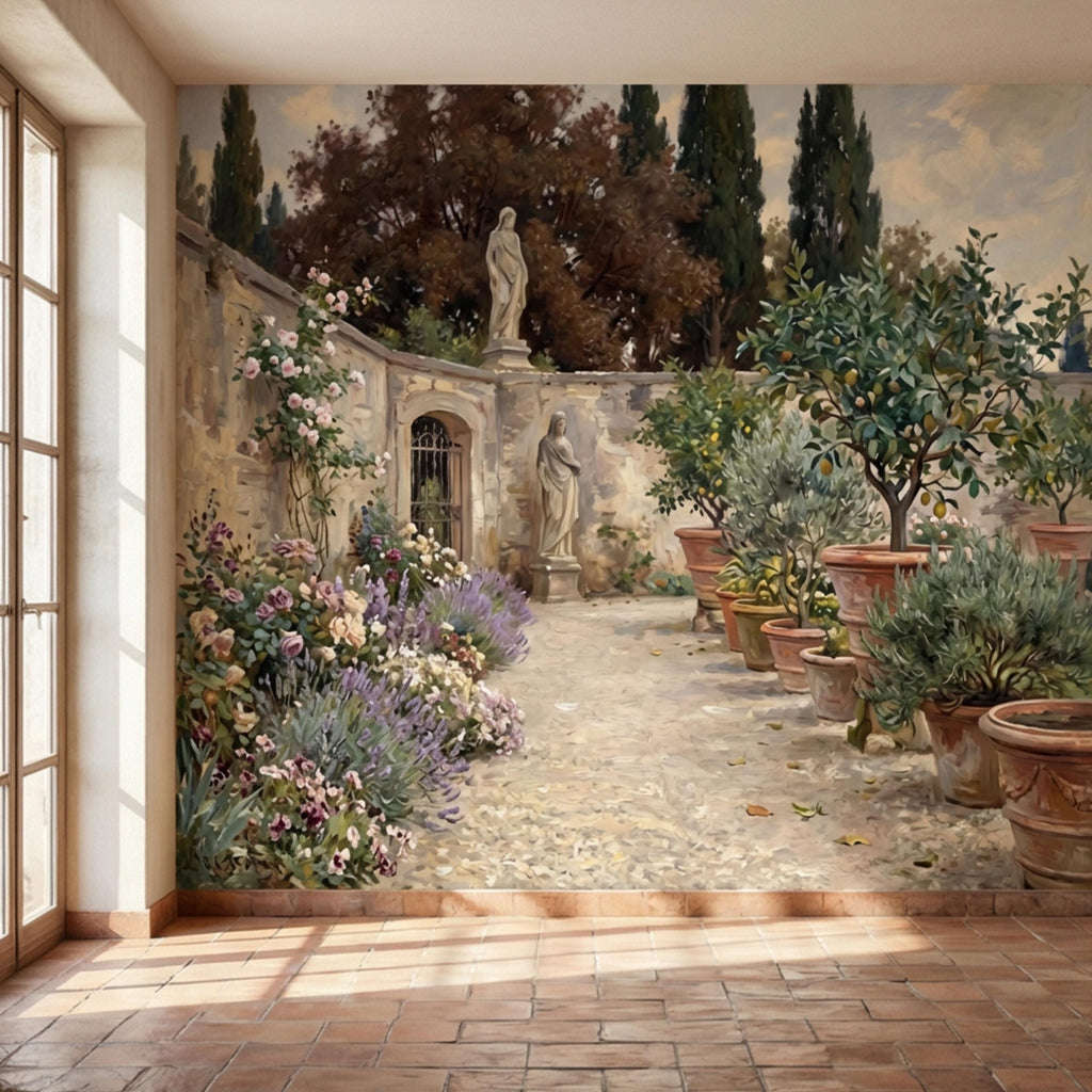 Vintage Italian Courtyard Garden Peel and Stick Wall Mural, Lemon Trees Classical Statues Mediterranean Villa Wallpaper