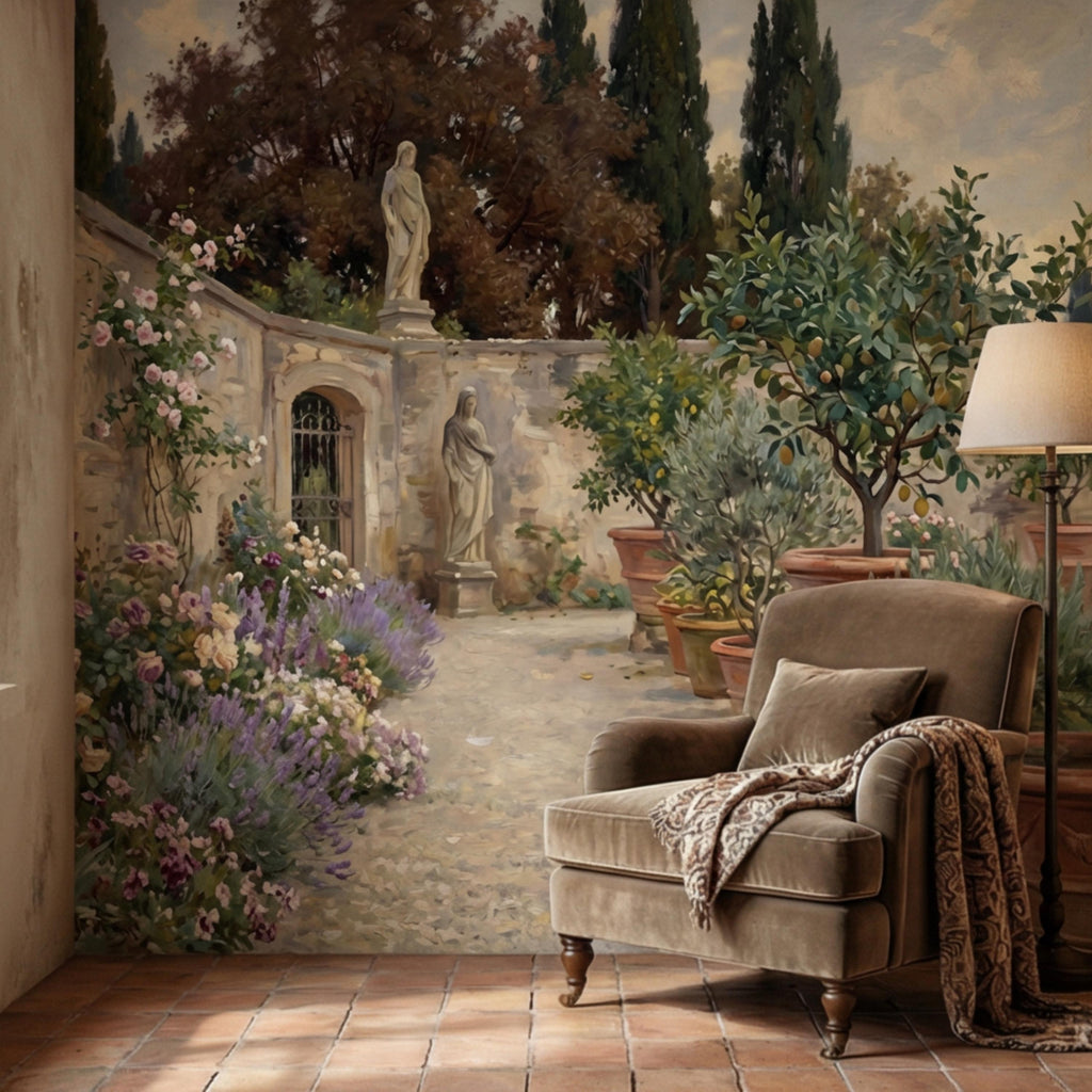 Vintage Italian Courtyard Garden Peel and Stick Wall Mural, Lemon Trees Classical Statues Mediterranean Villa Wallpaper