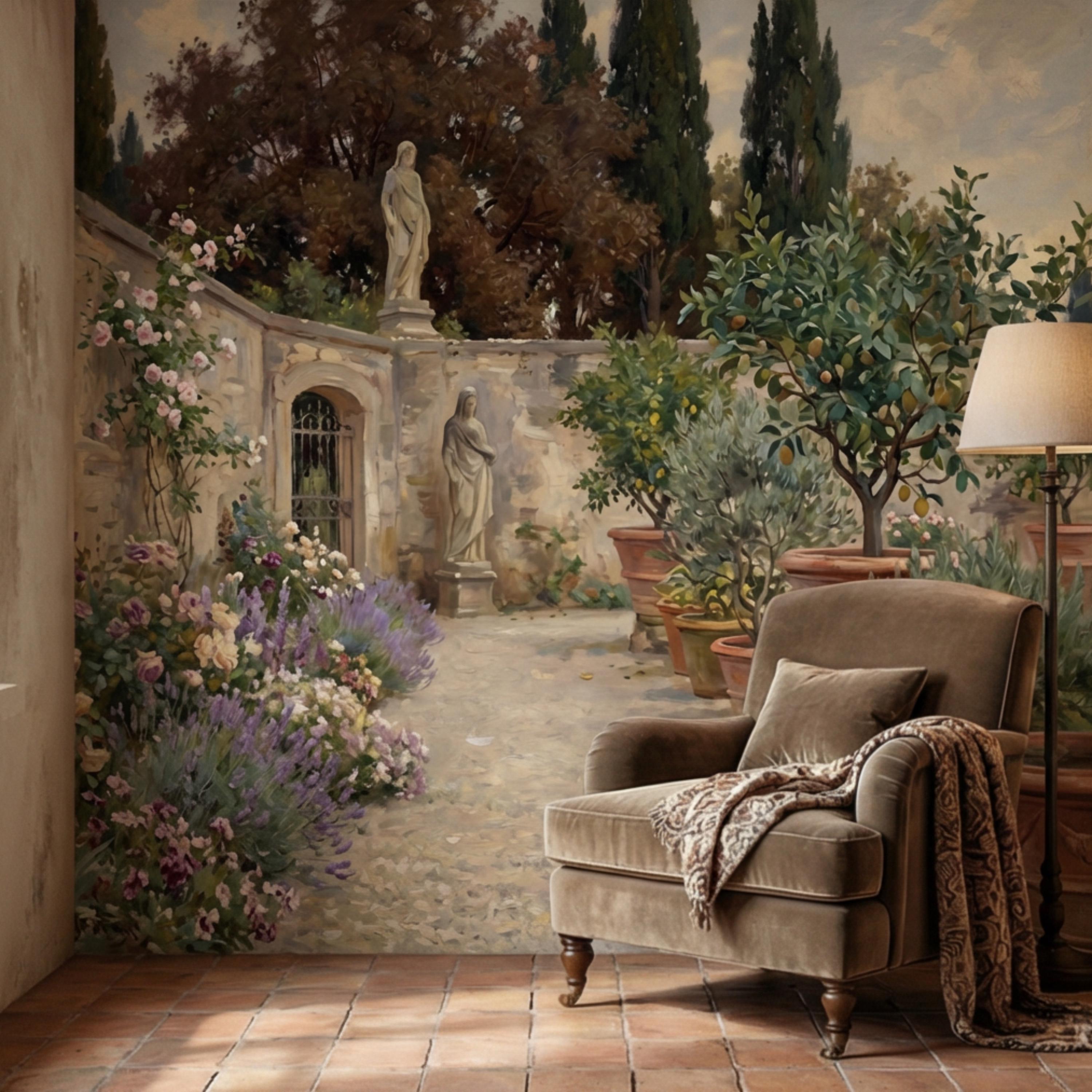 Vintage Italian Courtyard Garden Peel and Stick Wall Mural, Lemon Trees Classical Statues Mediterranean Villa Wallpaper