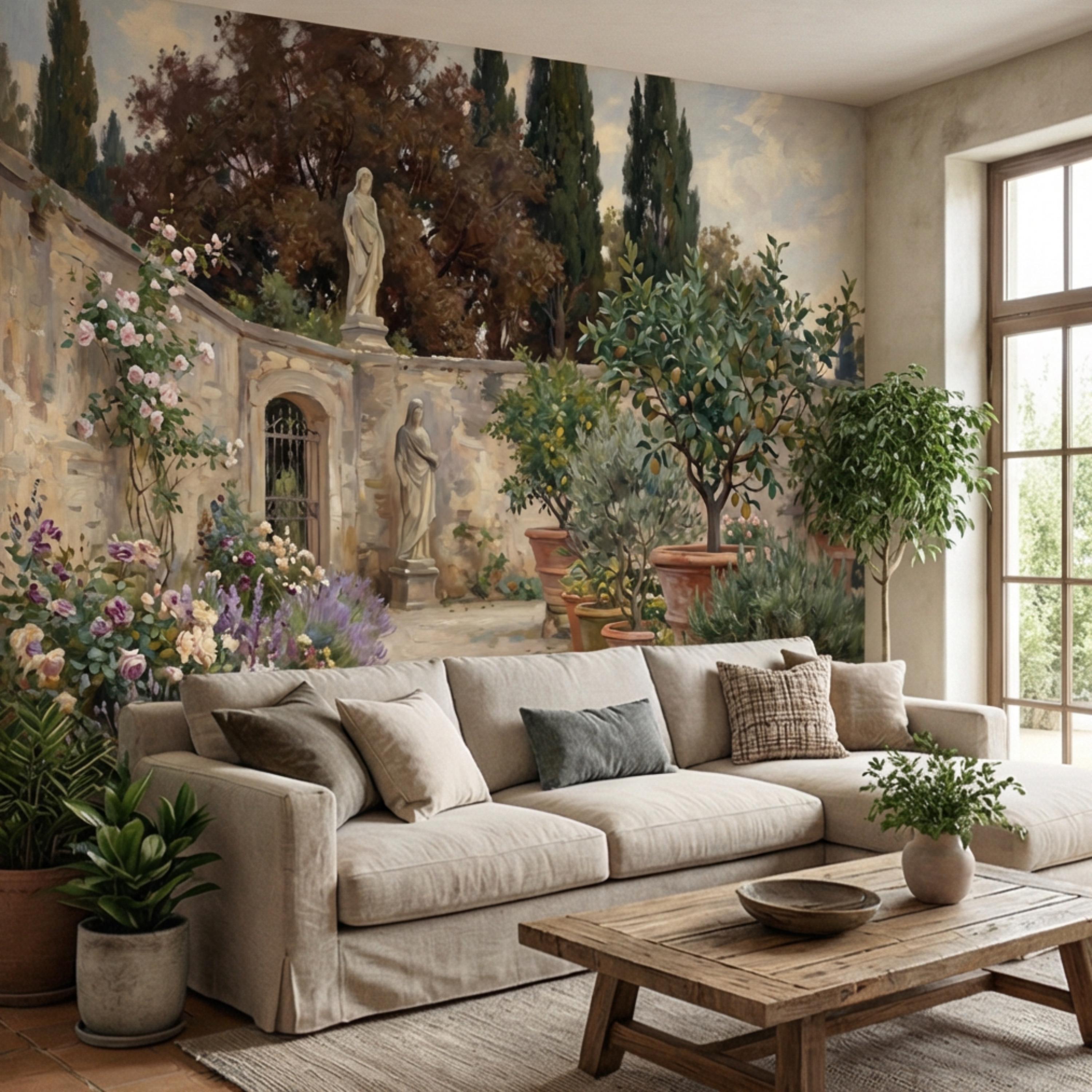 Vintage Italian Courtyard Garden Peel and Stick Wall Mural, Lemon Trees Classical Statues Mediterranean Villa Wallpaper