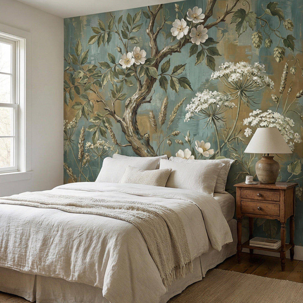 Vintage Botanical Peel and Stick Wall Mural, Rustic Wildflower Tree, Moody Floral Garden Wallpaper, Antique Nature Wallcovering