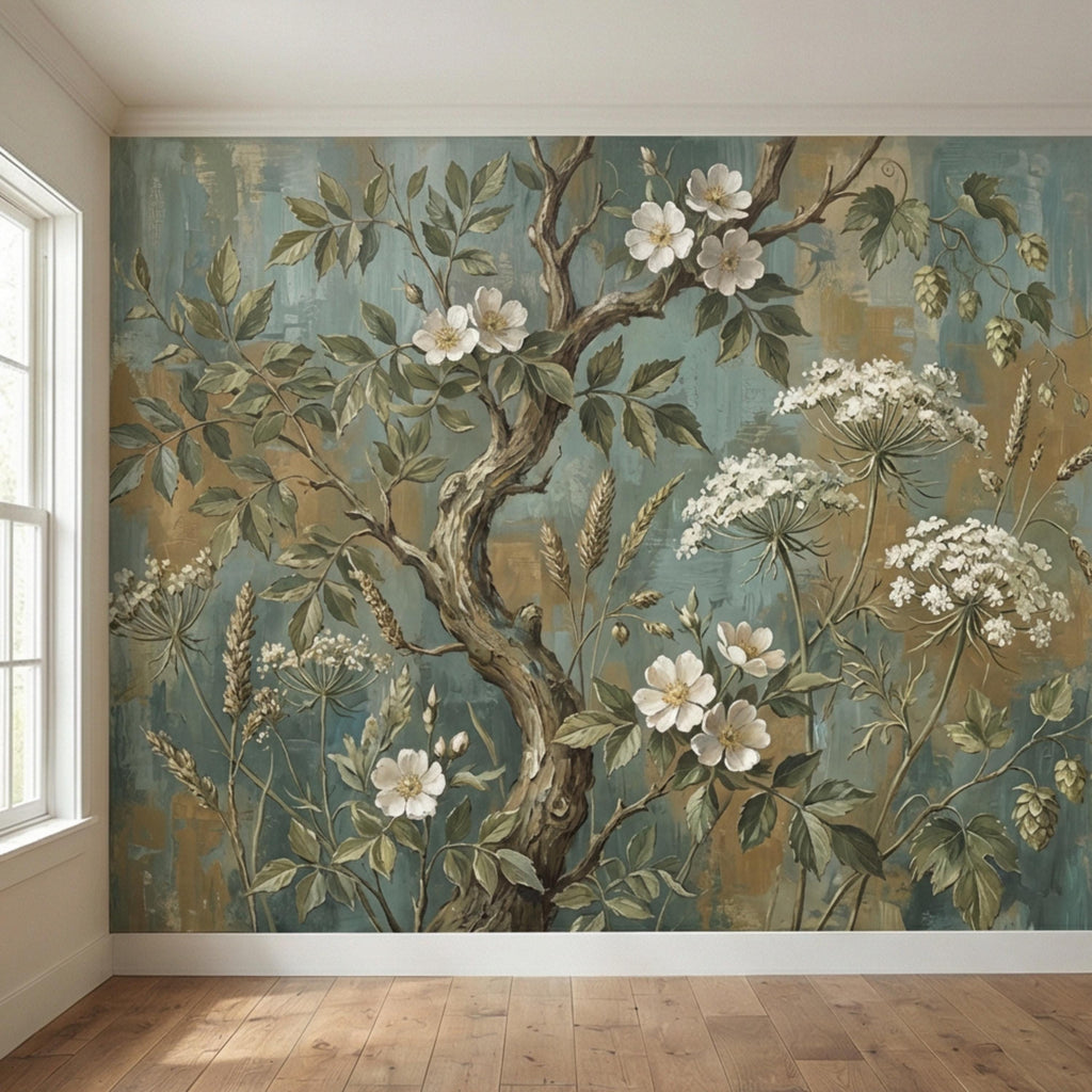 Vintage Botanical Peel and Stick Wall Mural, Rustic Wildflower Tree, Moody Floral Garden Wallpaper, Antique Nature Wallcovering