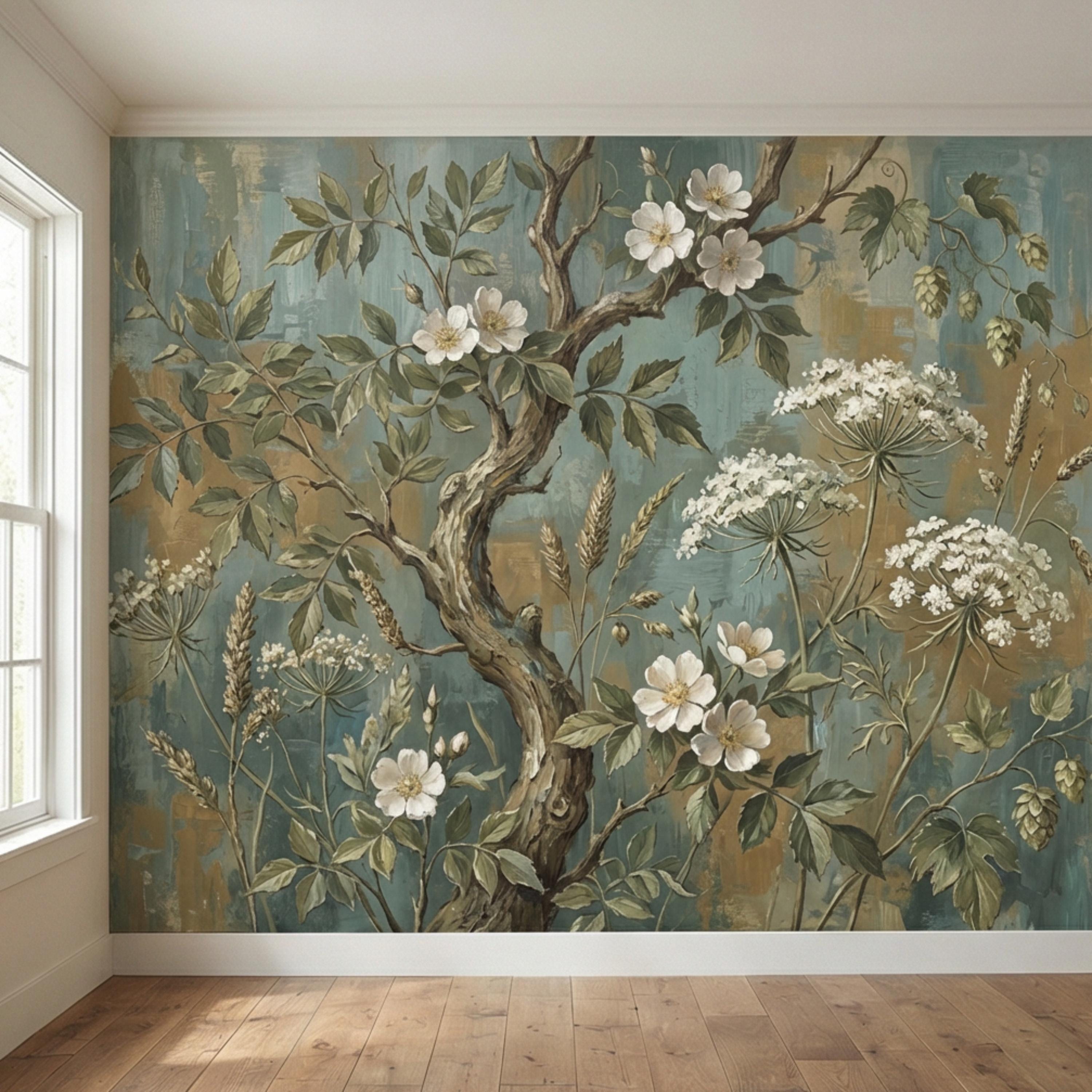 Vintage Botanical Peel and Stick Wall Mural, Rustic Wildflower Tree, Moody Floral Garden Wallpaper, Antique Nature Wallcovering