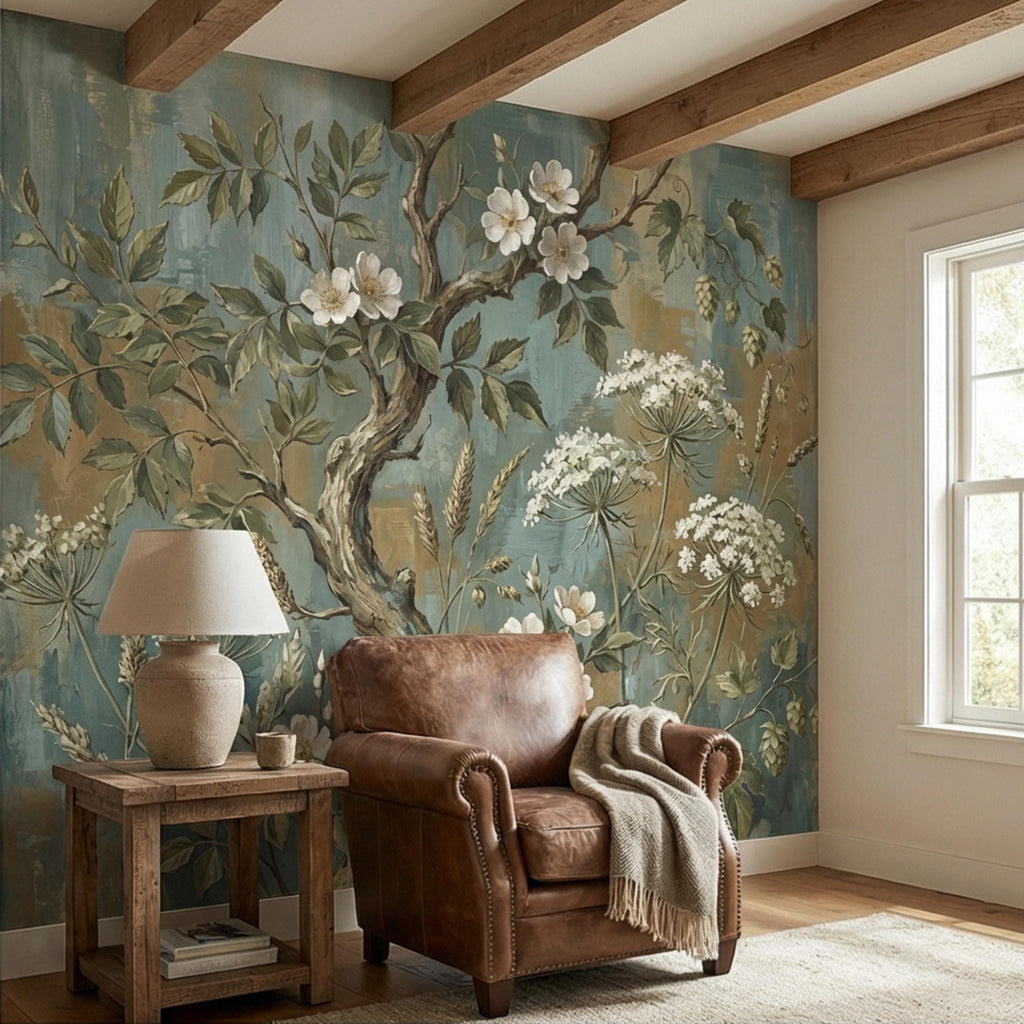 Vintage Botanical Peel and Stick Wall Mural, Rustic Wildflower Tree, Moody Floral Garden Wallpaper, Antique Nature Wallcovering