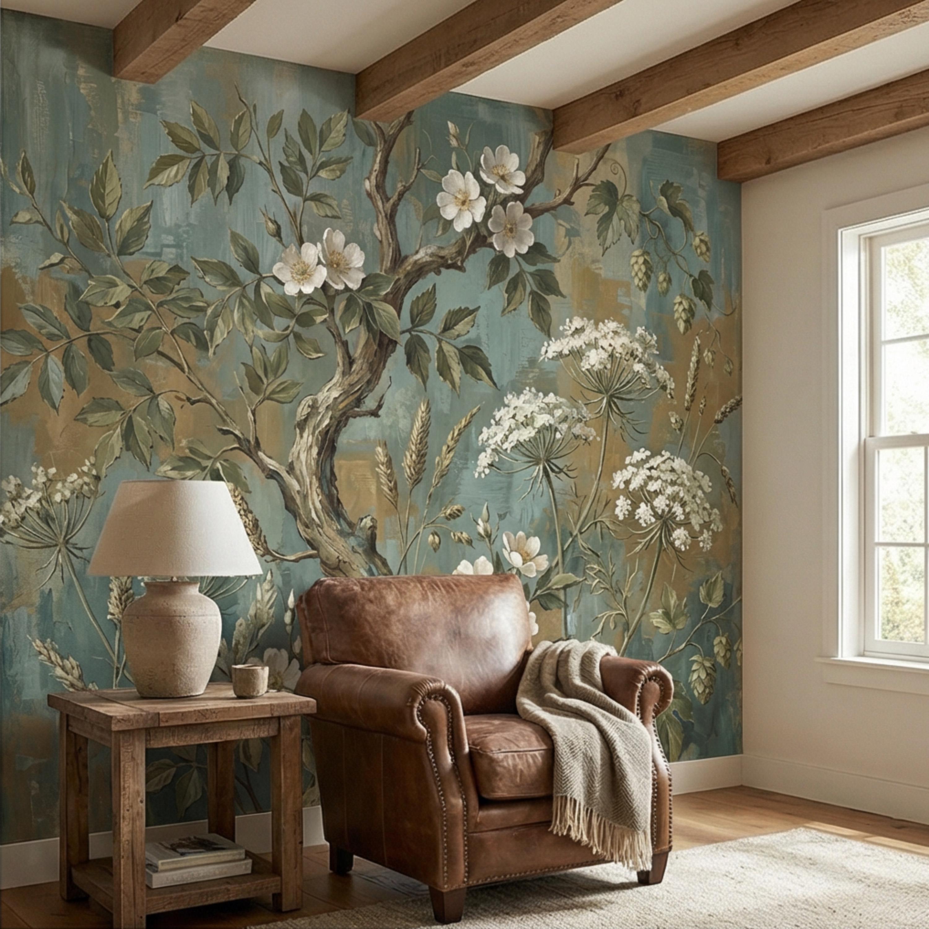 Vintage Botanical Peel and Stick Wall Mural, Rustic Wildflower Tree, Moody Floral Garden Wallpaper, Antique Nature Wallcovering